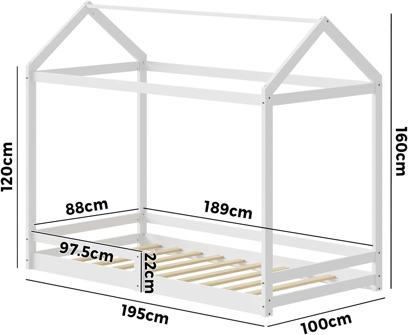 Oikiture Kids Wooden Bed Frame, Single Bed Frame with Pine Wood Timber Platform Bed Slat Support for Toddler, White image number 2