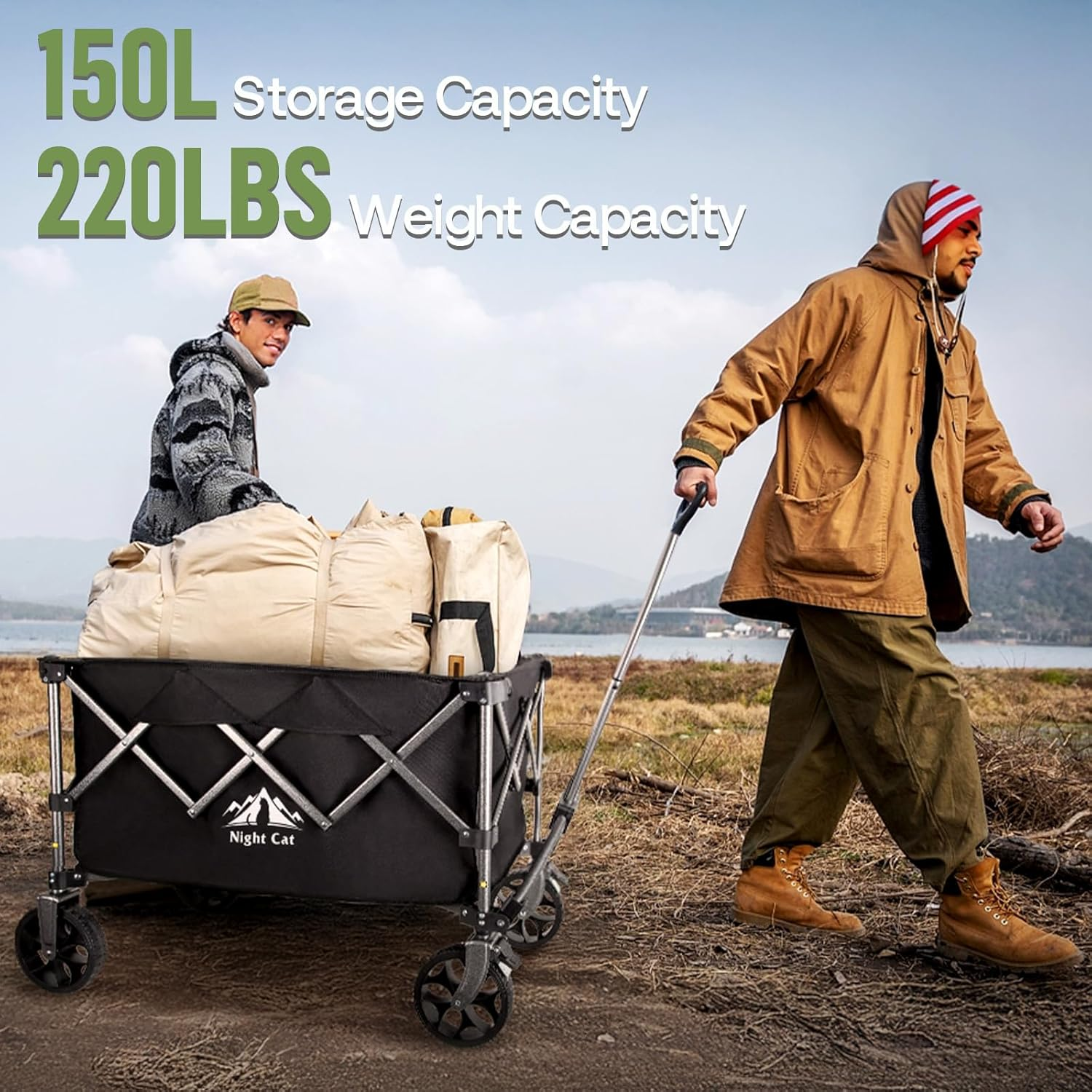 Night Cat Collapsible Wagon for Camping: 150L Garden Gart with Wheels Heavy Duty - Folding Utility Wagon for Outdoor Beach image number 2