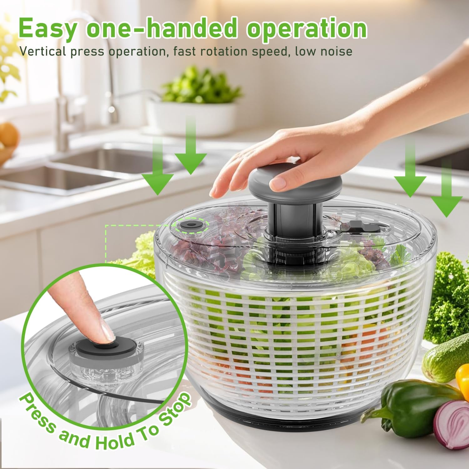 Salad Spinner, 6L Large Capacity, Quick and Easy Vegetable Washer Dryer, Thickening, Non-Slip Bowl Bottom, Kitchen Gadgets Drain and Store 2 in 1