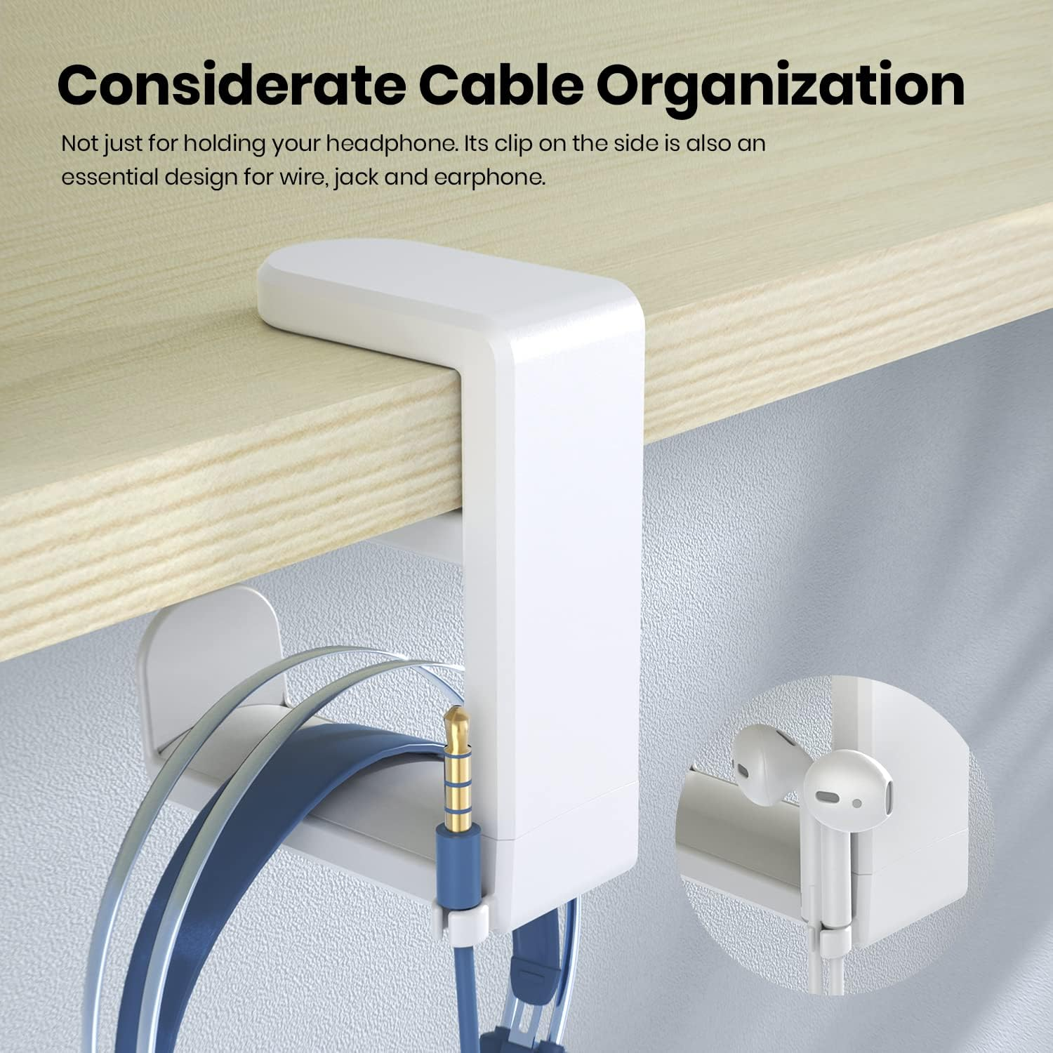 EURPMASK Choose the Color of Europe PC Gaming Headset Headphone Hook Holder Hanger Mount, Stand with Adjustable & Rotating Arm Clamp,Under Desk Design,Universal Fit,Built in Cableclip Organizer White image number 1