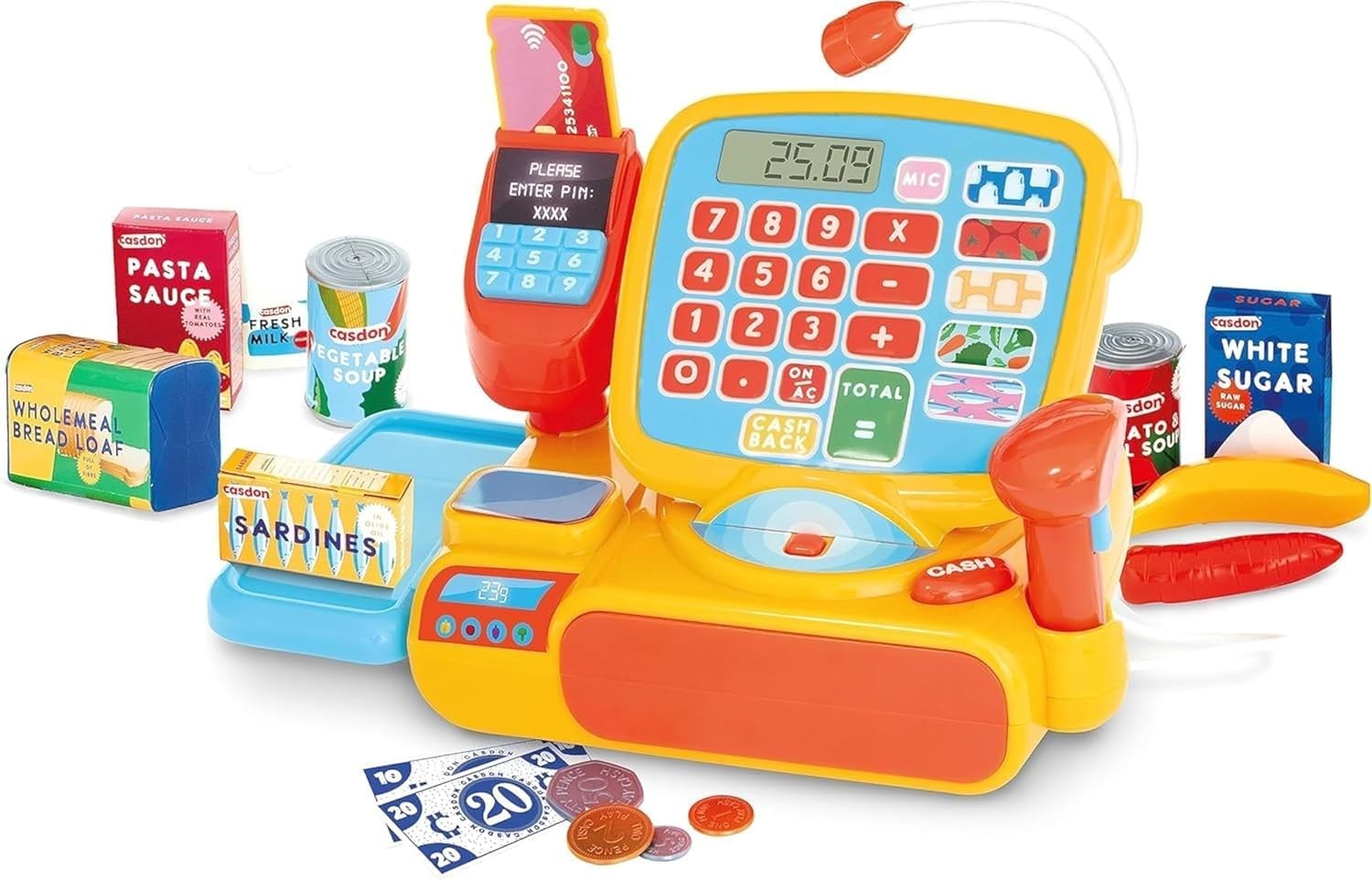 Casdon Cash Register | Interactive Toy Shopping Till for Children Aged 3+ | Includes Working Calculator, Microphone, Scanner & More!