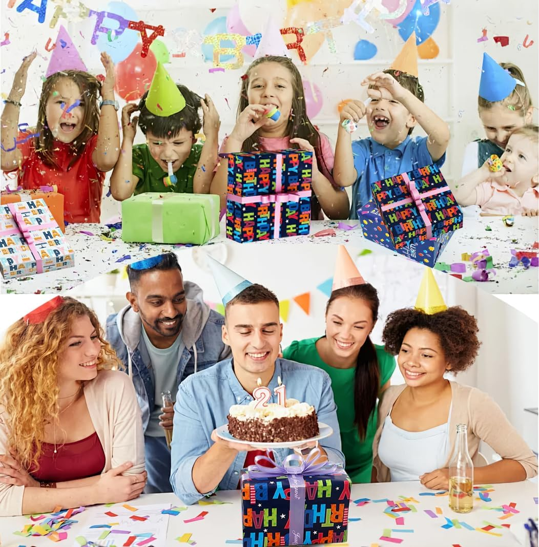 RINGSUN Birthday Wrapping Paper Roll, 3-Rolls 43X300Cm Happy Birthday Gift Wrapping Paper and 2-Rolls Band - Ideal for Boys & Girls Presents image number 3