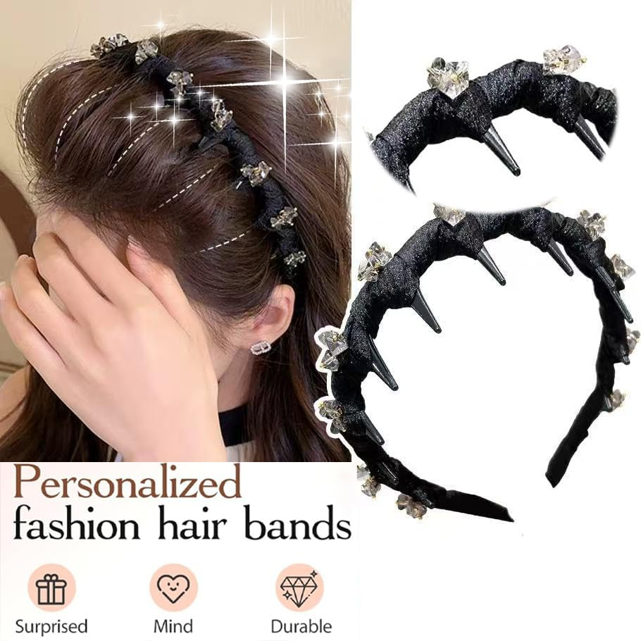 New Vintage High Cranium Artificial Pearl Hairband Elegant Braided Pearls Headbands with Teeth, Anti-Slip Decorative Hair Bands Fashion Hair Accessories for Women Rhinestone-Black image number 1