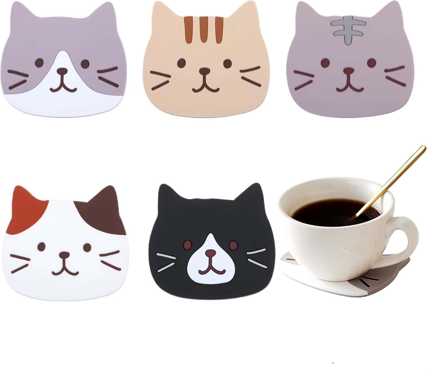 HOLADAWN 5Pcs Cat Silicone Drink Coaster Set, Non-Slip Heat-Resistant Drink Coasters for Coffee & Bar, Gifts for Cat Lovers image number 3