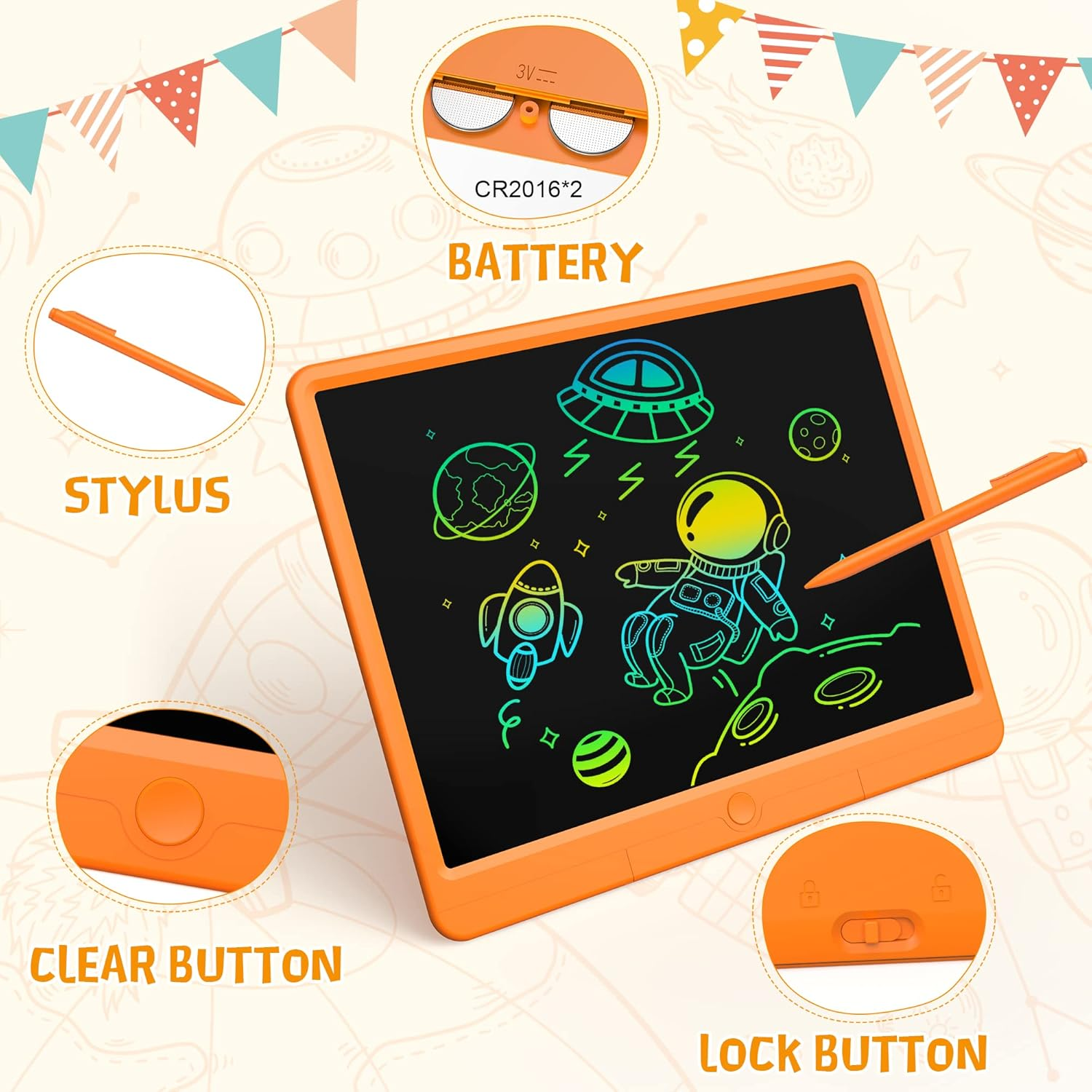 GIGART LCD Writing Tablet, 15 Inches Doodle Board Drawing Pad for Adults & Kids, Electronic Writing Board Drawing Tablet, Educational Toys Gifts for 3-12 Year Old Boys, Girls,Toddler (Orange) - 15"Orange image number 4