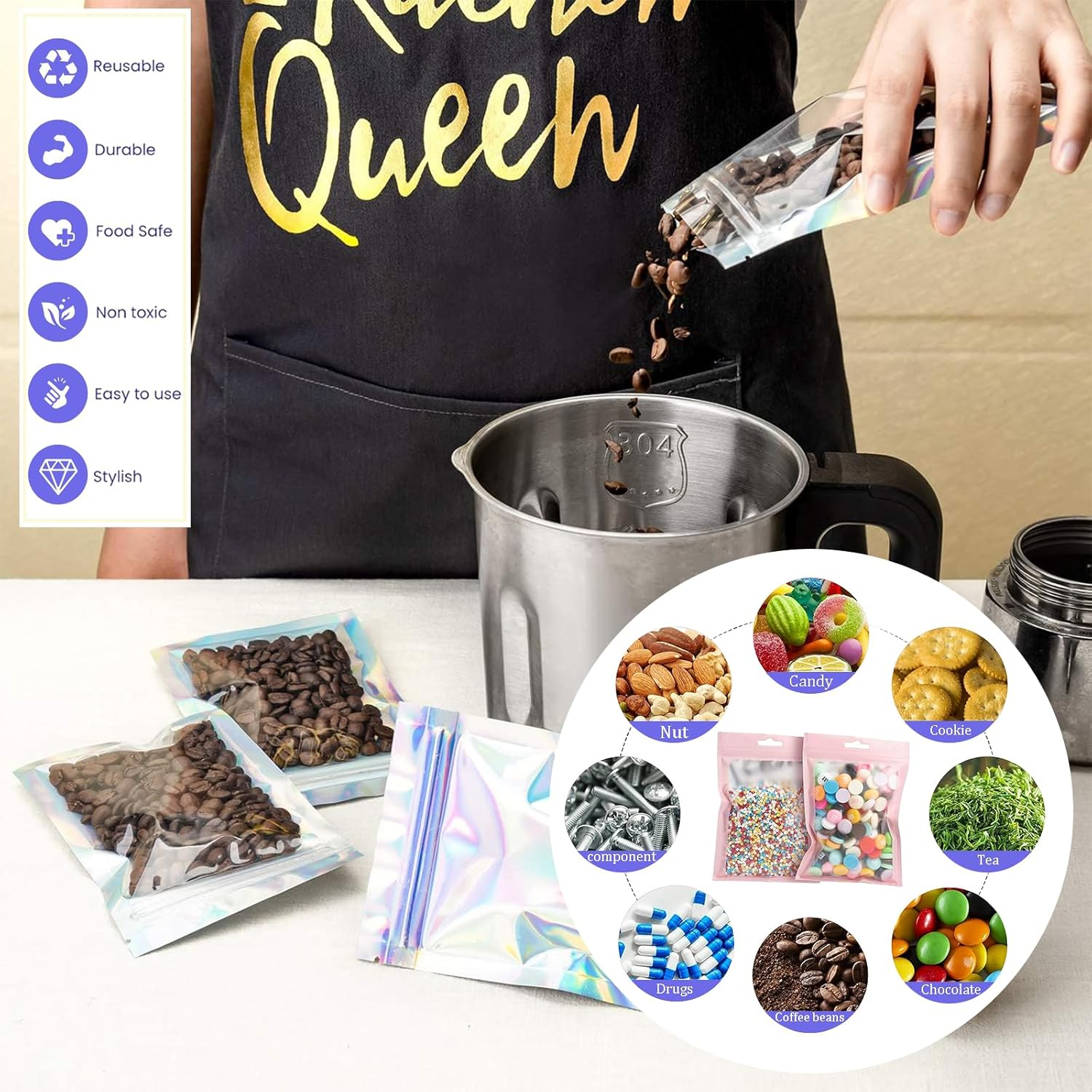 Black Foil Ziplock Mylar Bags - Medium Smell Proof Holographic Packaging, 50Pcs 14X20Cm Resealable Storage Pouches with Grip Seal for Food, Jewelry, Electronics image number 5