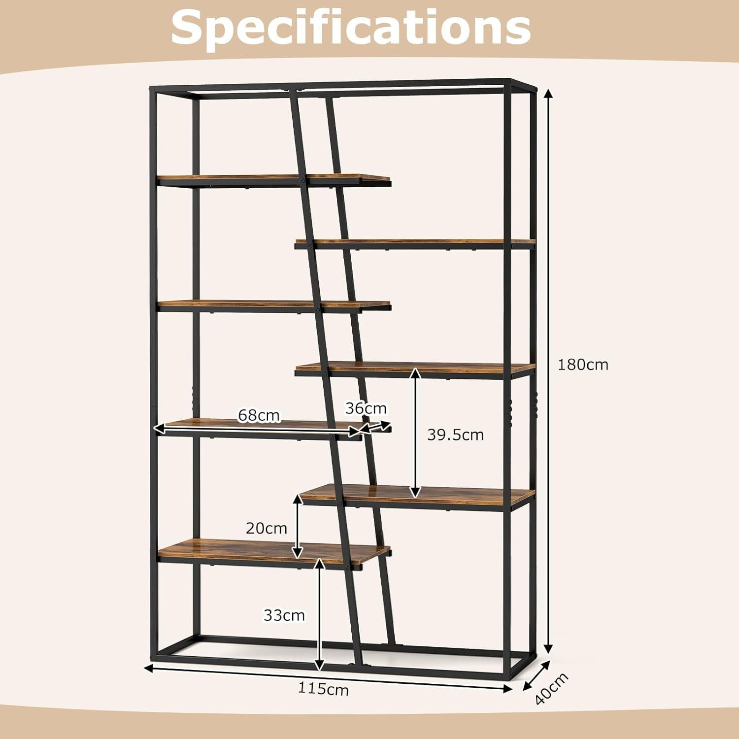 Giantex 180 Cm Tall Bookshelf, 7-Tier Industrial Etagere Bookcase with Heavy-Duty Metal Frame, Freestanding Double Wide Display Rack for Living Room Bedroom Home Office, Rustic Brown image number 6