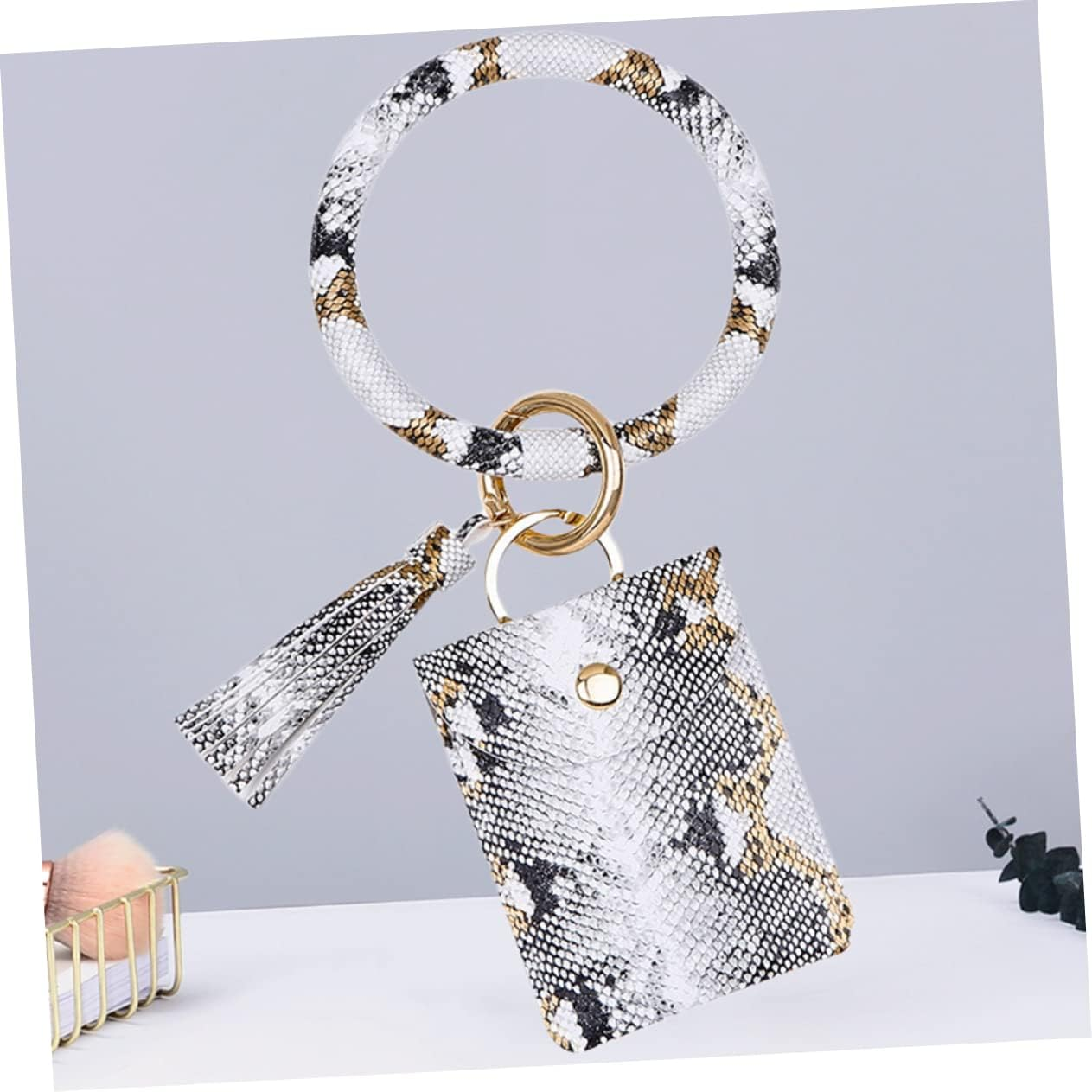 COLLBATH Leather Wristlet Keychain Leopard Purse Card Holder Keychain Key Bracelet Holder Tassel Wristlet Keychain Pu Leather Bangle Keyring Women Coin Purse Women Keychain Coin Wallet Deck - White image number 4