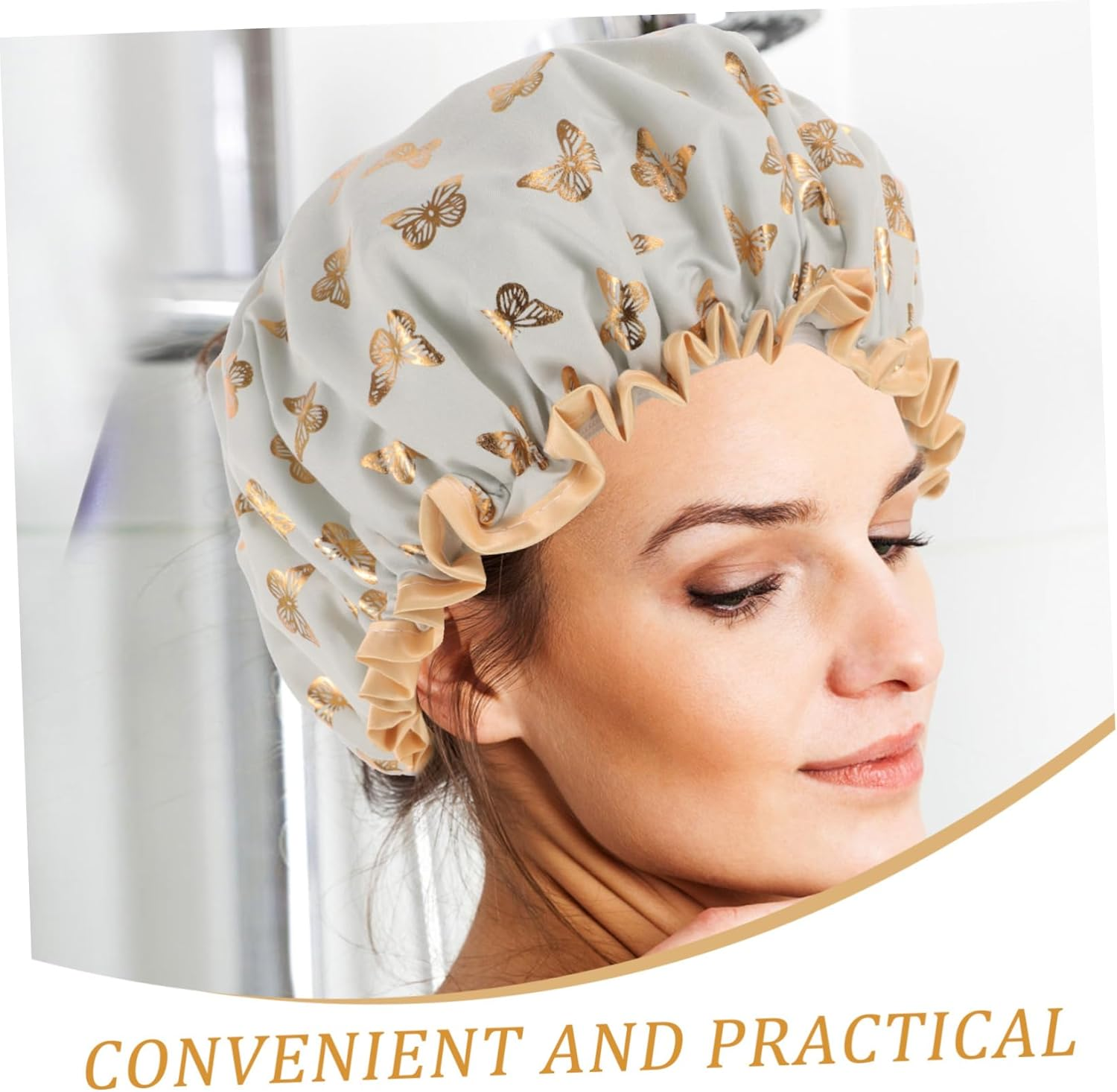 OATIPHO Double Layer Elastic Shower Cap for Women, Waterproof Bath Hair Cover, Extra Large Hair Cap for Bathing and Cooking, Light Green Bath Bonnet for Home Use - Black image number 5