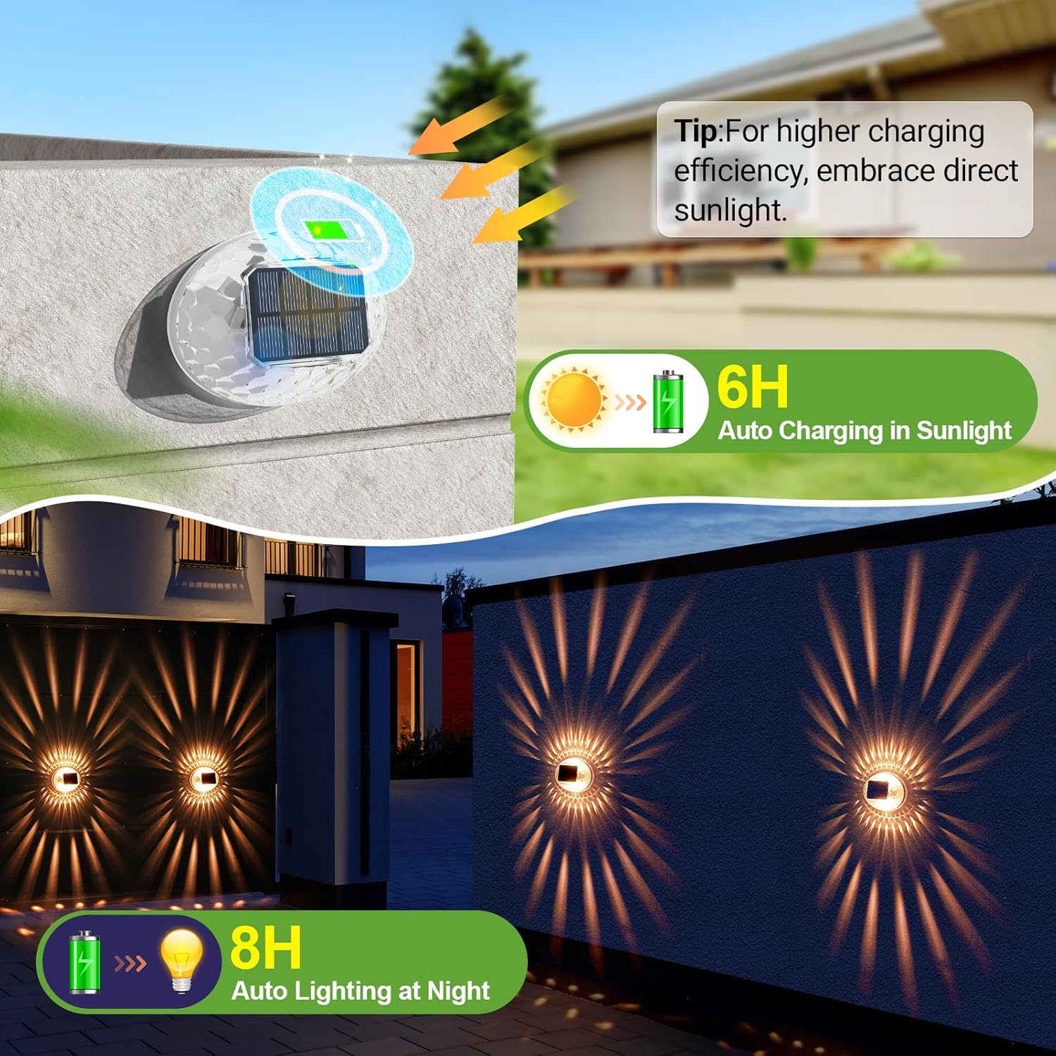 Quntis Warm White Solar Fence Lights 4Pack, 360&deg;Lighting Effect Outdoor Wall Lights, Auto On/Off IP44 Waterproof Garden Security Light for Balcony Stair Garage Road Shed Patio Yard Porch Front Door image number 4