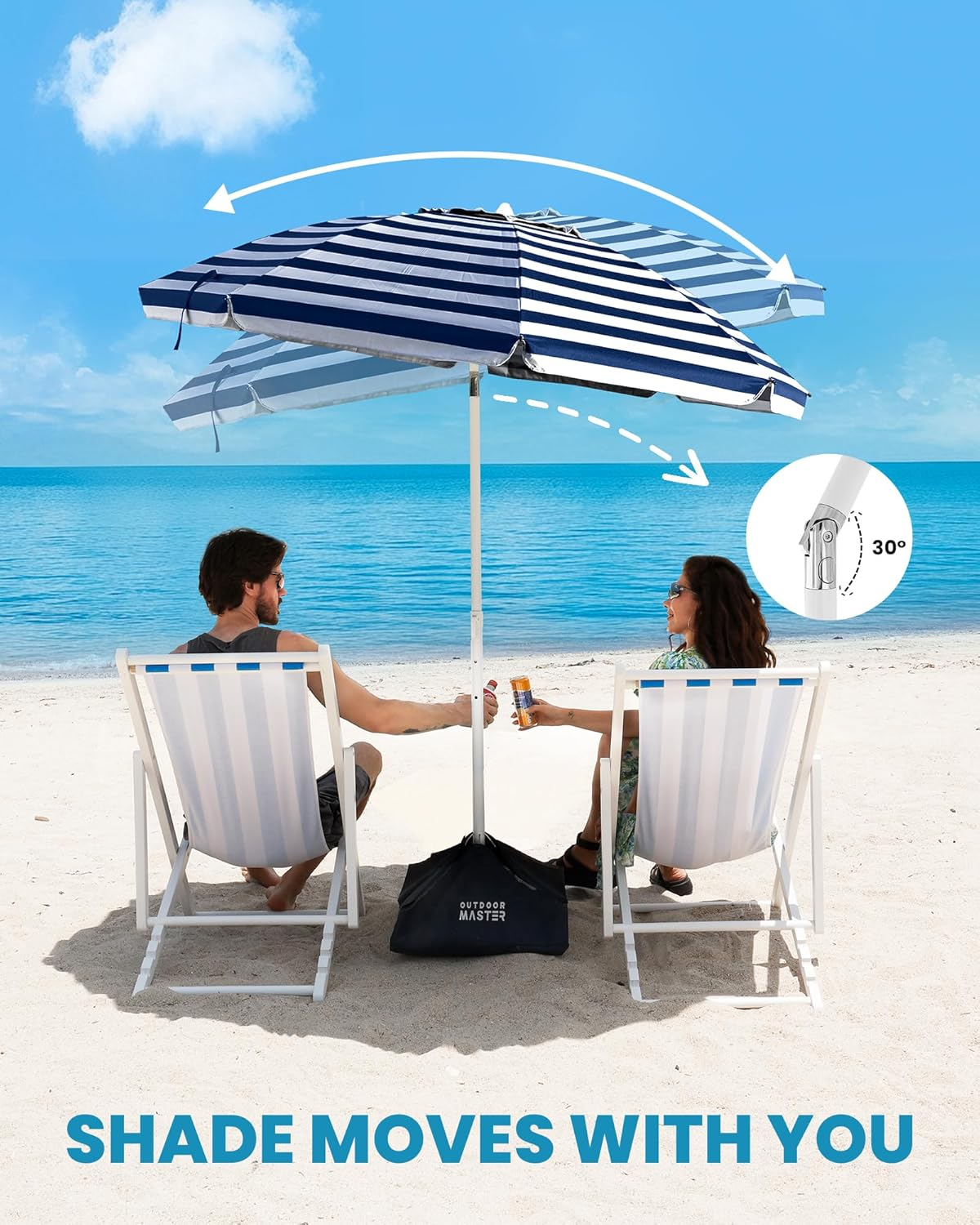 Outdoormaster Beach Umbrella with Sand Bag - 6.5Ft Beach Umbrella with Sand Anchor, UPF 50+ PU Coating with Carry Bag for Patio and Outdoor (A01 Navy Striped) image number 1