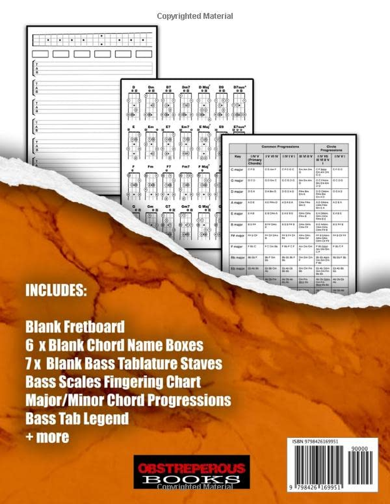 BASS TAB NOTEBOOK: Unique Blank Bass Tablature Manuscript Paper Features Fretboard Diagrams, Light Lined Staves for Notation, Chord Fingering Charts & ... & Composers (8.5&rdquo; X 11&rdquo; 124 Pages)