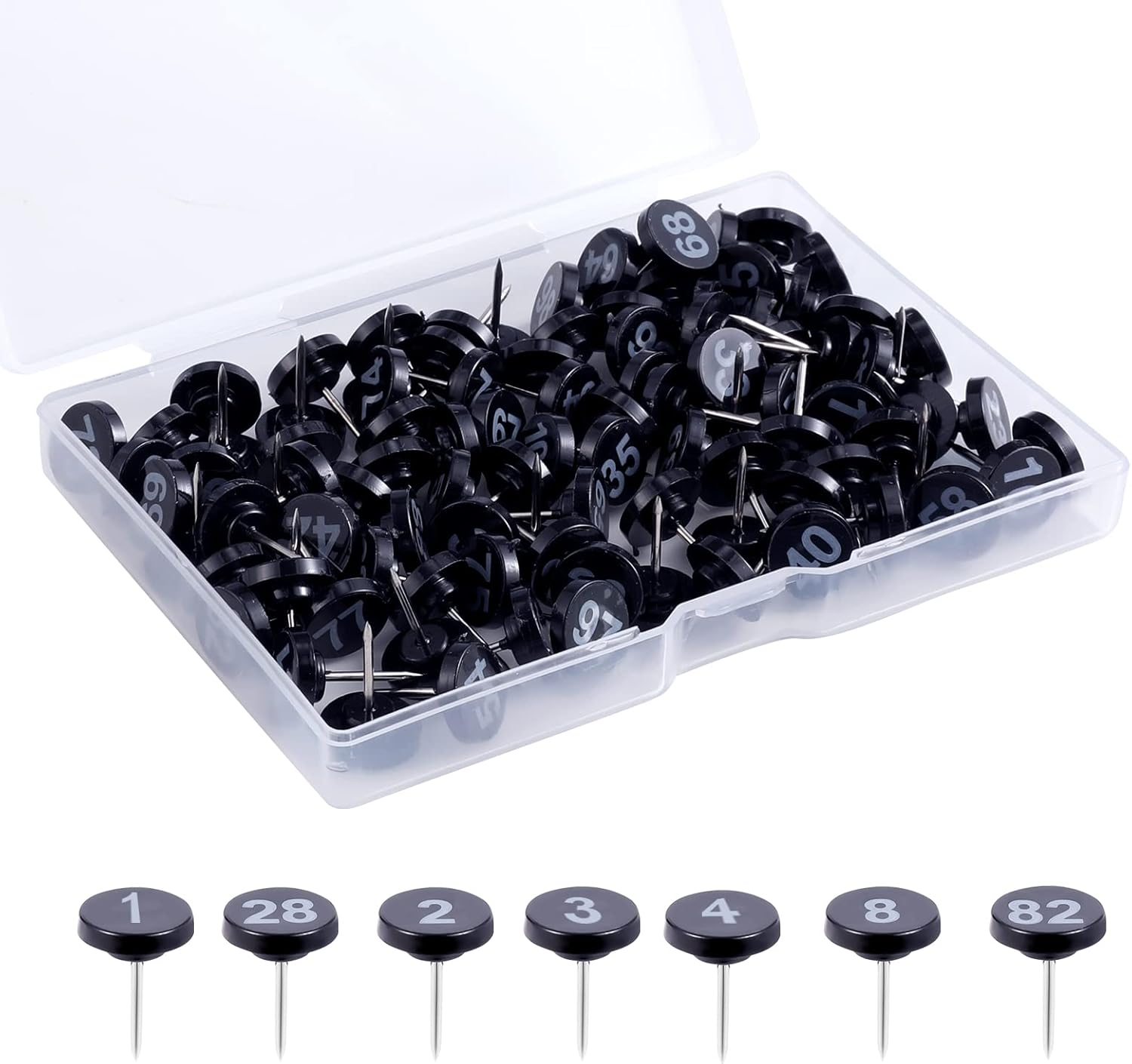 SAVITA 100Pcs Number Push Pins, Black Pins Plastic Flat Head Thumb Tacks with White Number from 1 to 100 for Maps Presentations Photos Posters Gallery Exhibits