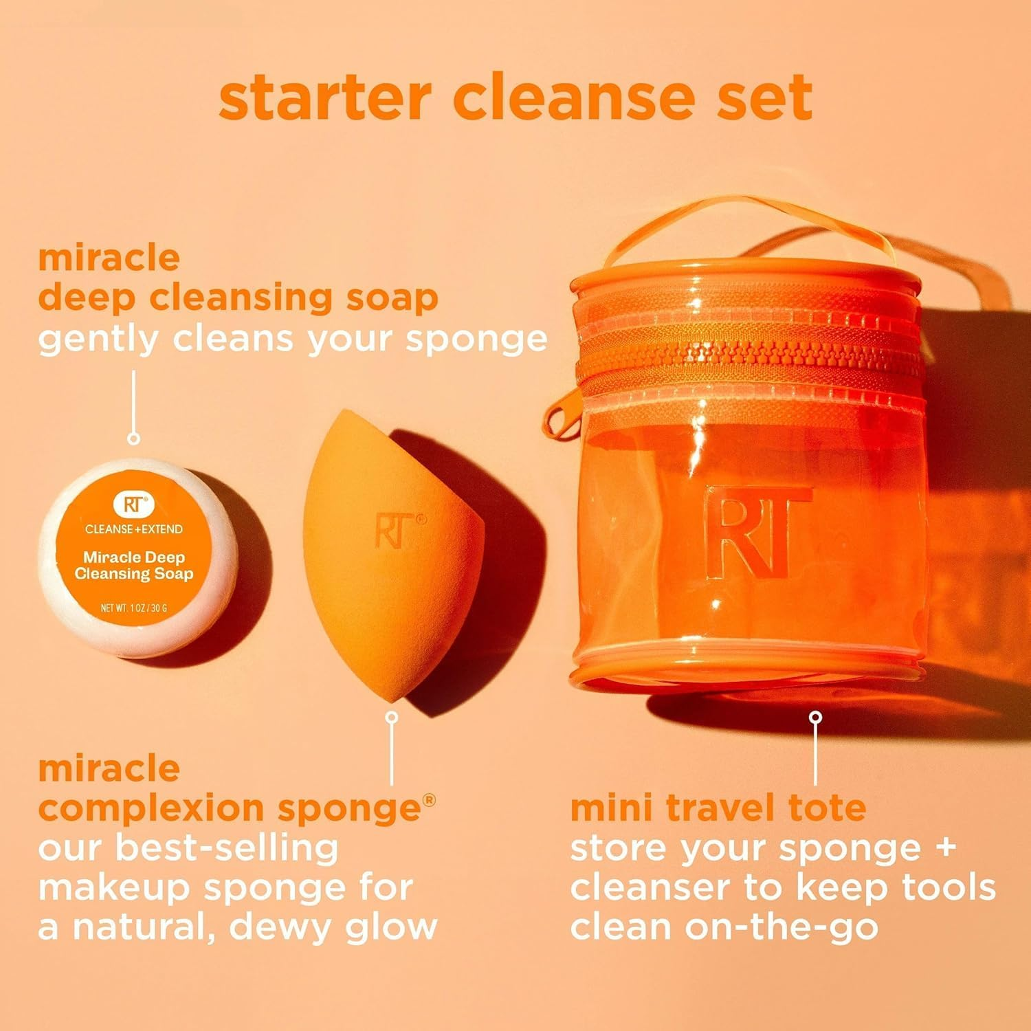Real Techniques Miracle Blend + Cleanse 3 Piece Set, Makeup Sponge for Blending Foundation & Solid Soap for Deep Cleaning Sponges, Includes Travel Storage Tote, Cruelty-Free, & Latex-Free image number 1