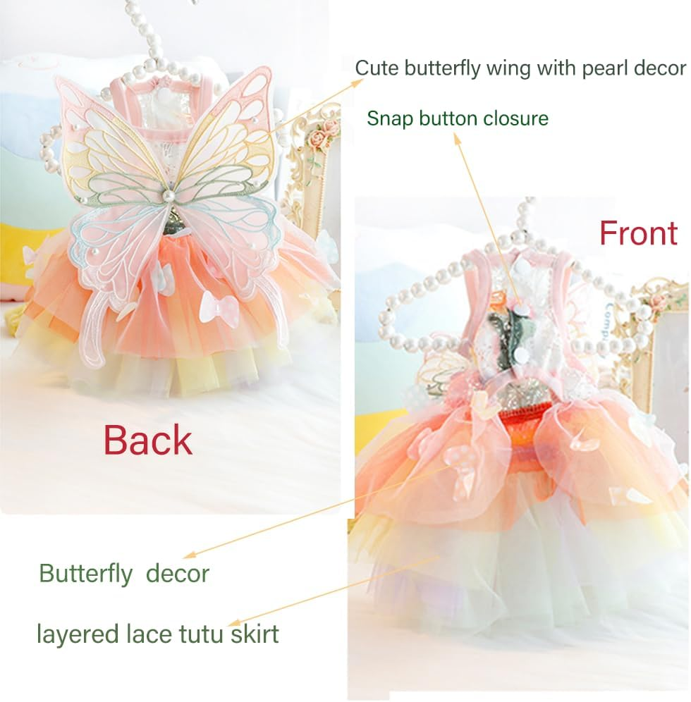 Rainbow Butterfly Dog Dresses for Small Dog Girl Puppy Lace Tutu Princess Dress Cat Outfit Pet Butterfly Costume for Kitten Chihuahua Yorkie Pomeranian (Pink, Small) image number 6