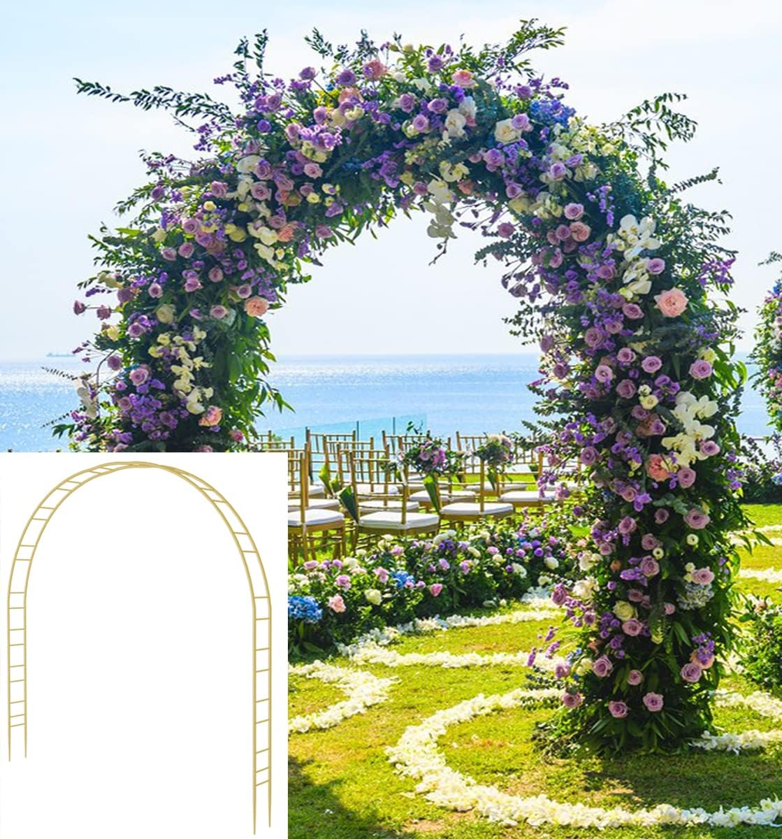 Queension Extra Large Garden Arch 7.2Ft Wide 9.2Ft High, Wedding Arch for Ceremony, Outdoor Garden Trellis for Climbing Plant, Metal Balloon Arches Backdrop Stand with Prongs Base, Gold image number 2