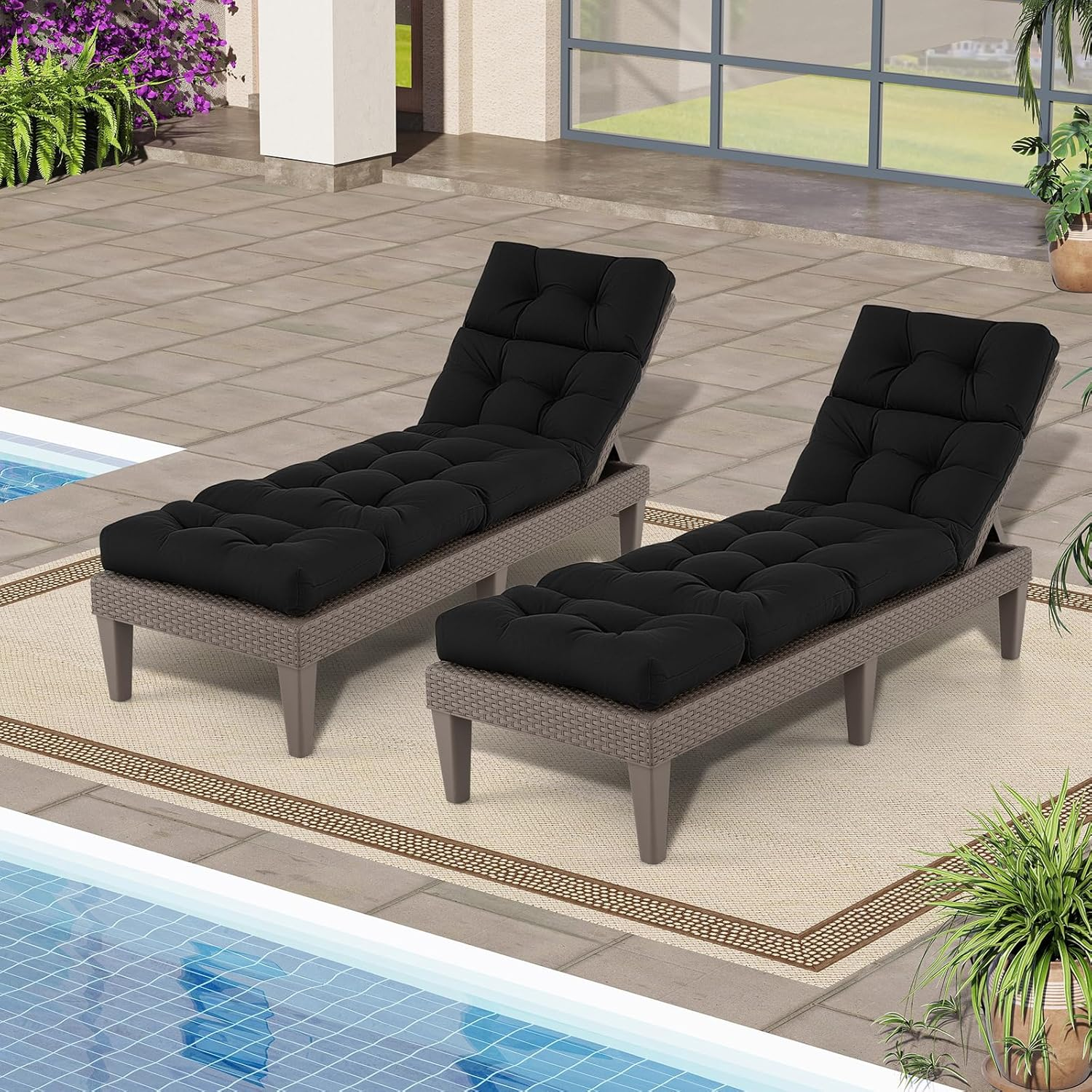 Costway Sunlounger Chair Cushion, High Back Recliner Cushion with 4 Fixing Ties, Thick Padded Reclining Chair Rocking Cushion for Outdoor Indoor (Only Cushion) (2, Black, 186 X 56 X 11 Cm)
