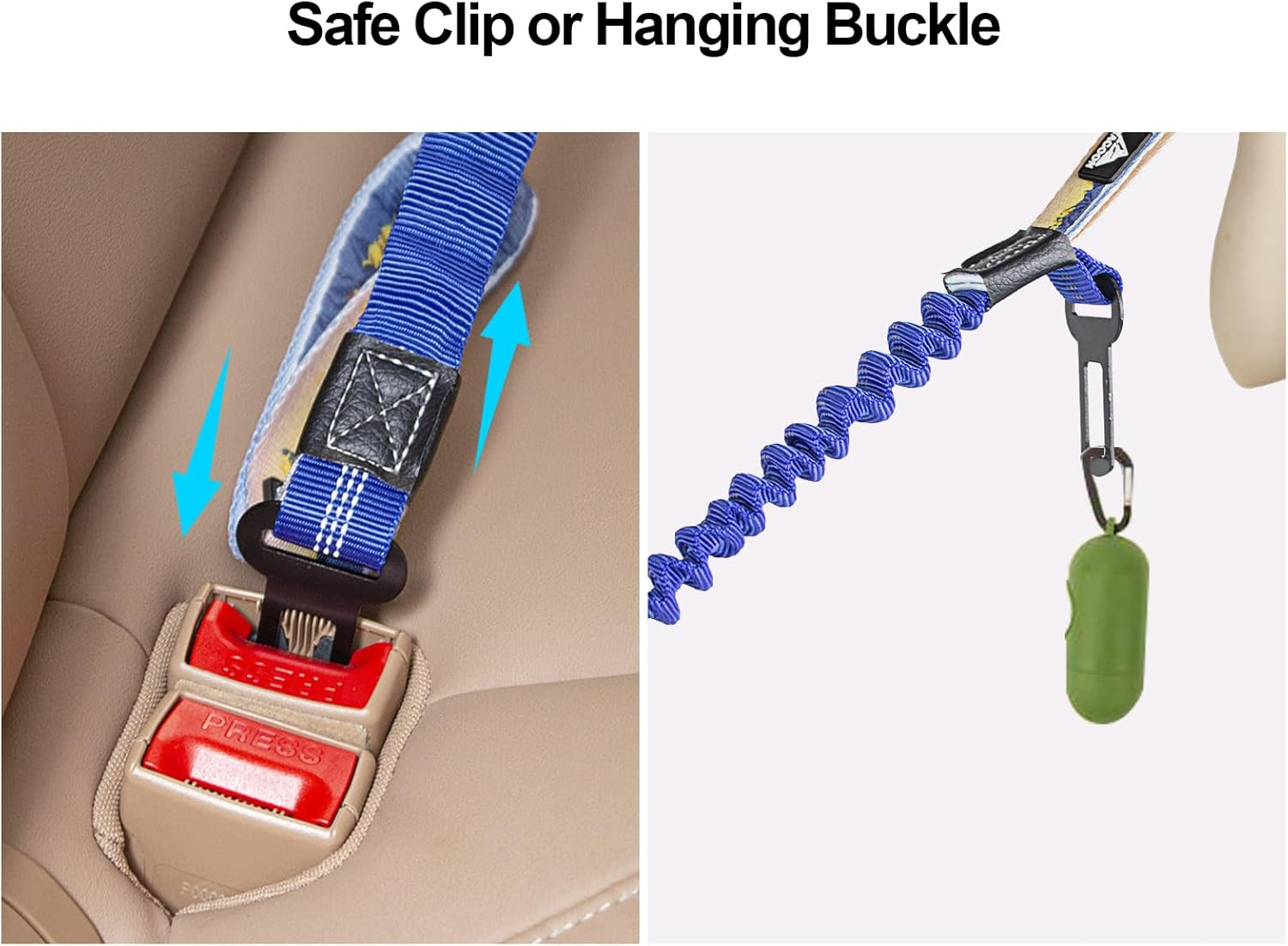 Proxima Direct Dog Car Seat Belt, Retractable Dog Car Harness Lead with Elastic Bungee Buffer, Reflective Nylon Adjustable Pet Dog Collar Leash with Safe Clip Buckle for All Cars Travel Camping Blue image number 6