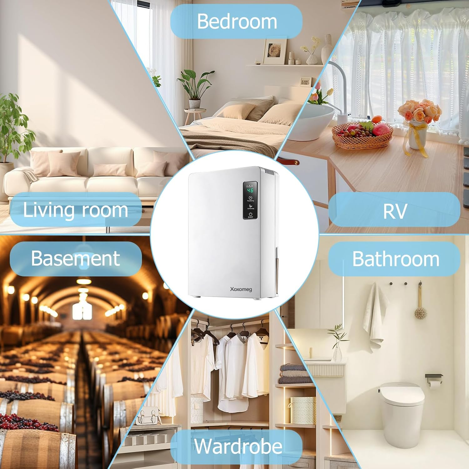 Xoxomeg 2.2L Dehumidifier, Portable Dehumidifier and Quiet Moisture Absorber with a Drain Pipe Two Working Modes Could Auto off Energy Saving Suitable for 15~30M&sup2; Bedroom Home Kitchen Closet image number 1