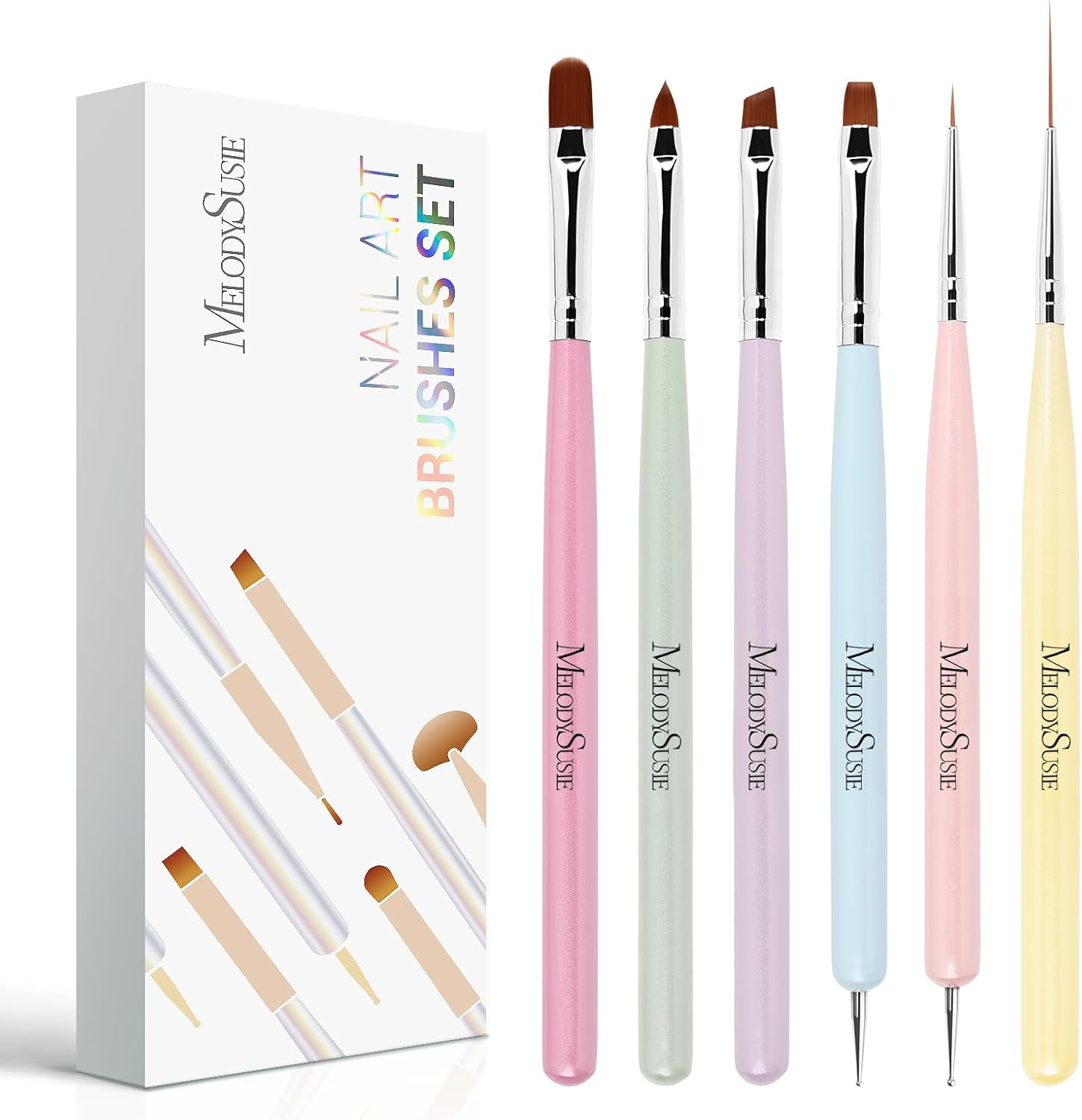 Melodysusie Nail Art Brushes Set,6Pcs Nail Art Design Pen Painting Tools with Extension Gel Brush, Polish Brush, Builder Brush,Liner Brush, Carved Brush, and Dotting Pen for Home DIY Salon Use image number 2