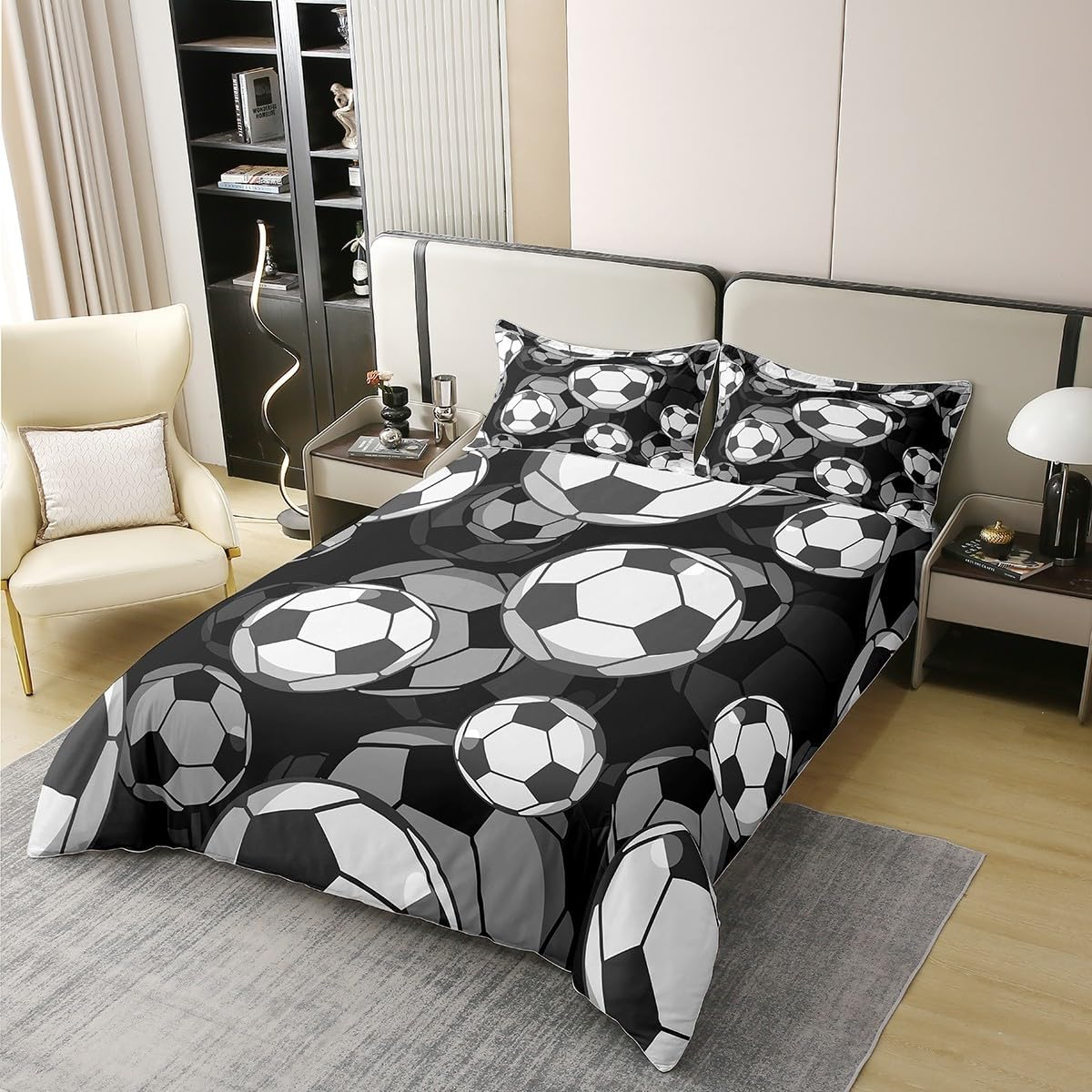 Homewish Kids Soccer 100% Cotton Duvet Cover Single American Football Comforter Cover European Sport Game Bedding Set Player Field Quilt Cover,Cartoon Decor 2Pcs with 1 Pillowcase,Black White image number 4