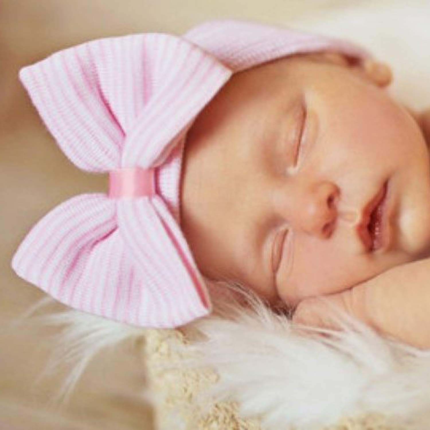 AQOKKA 3 Pack Newborn Hospital Hat Infant Baby Hat Cap with Big Bow Knit Ribbon Soft Cute Nursery Beanie 0-3 Month image number 1