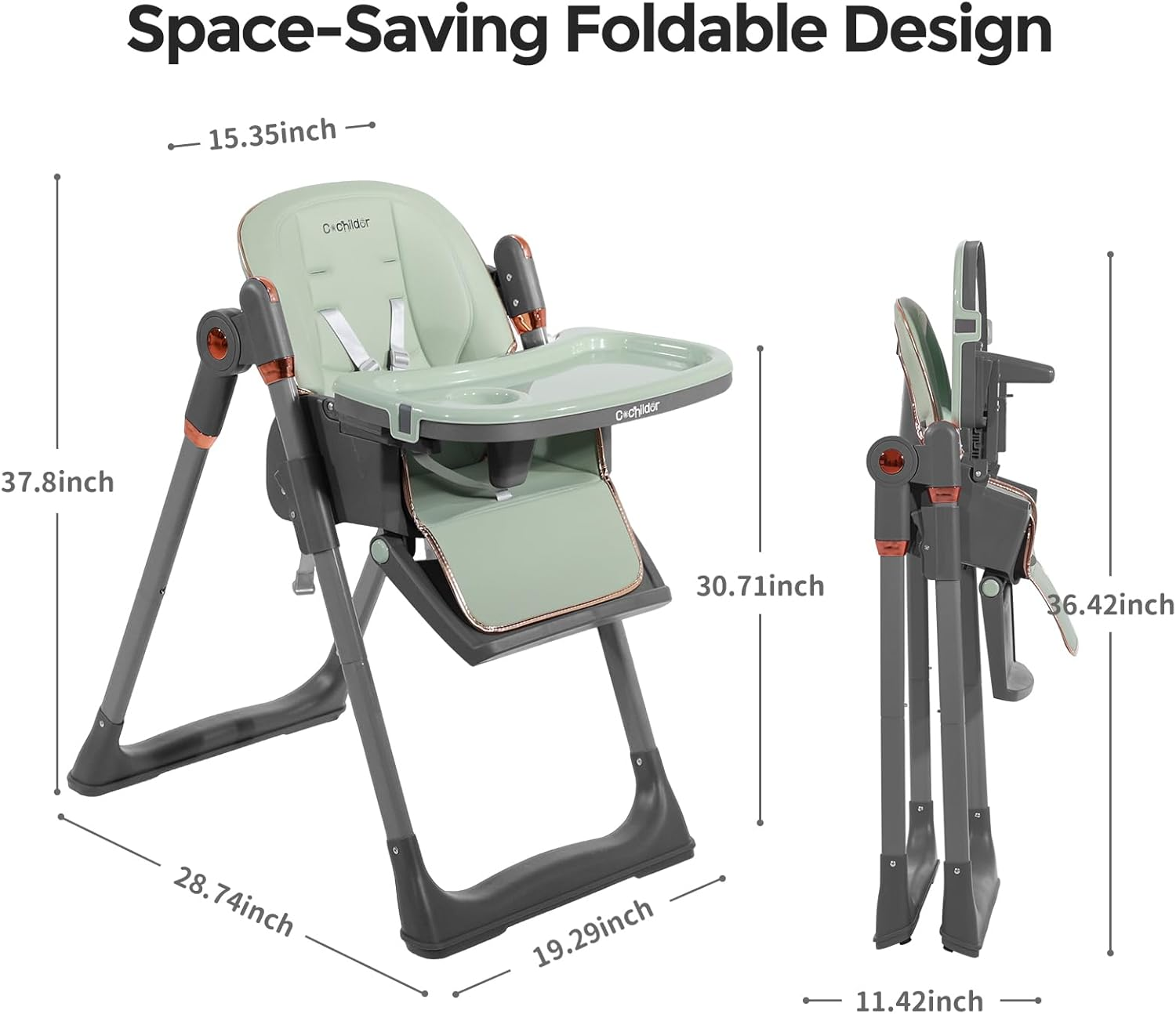 Baby High Chair | 3-In-1 Foldable Toddler High Chair with 5-Point Harness, Double Tray, and Adjustable Footrest, Green image number 3
