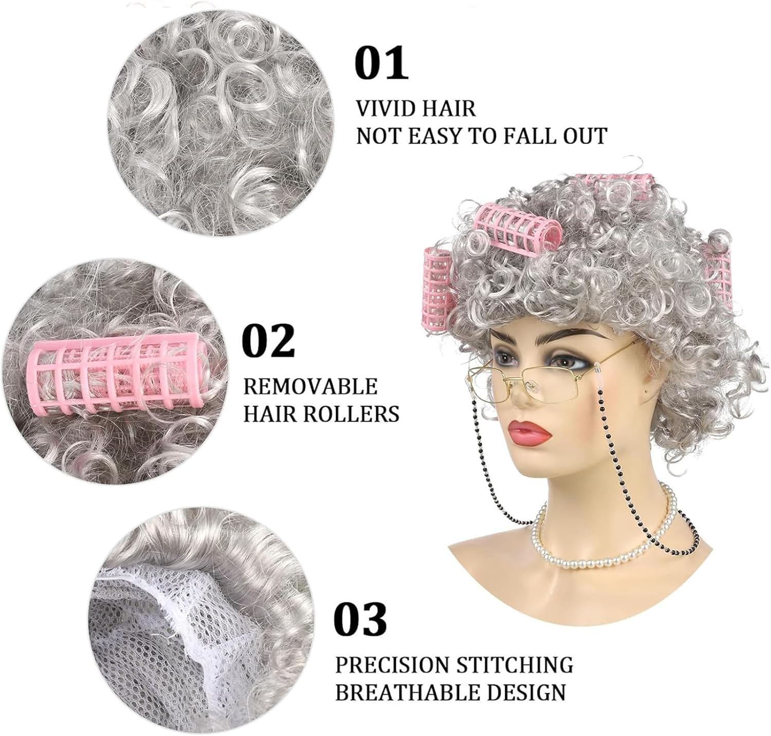 8Pcs Old Lady Dress up Wig Set, Granny Cosplay Set Halloween Grandma Curly Hair - Grandmother Wig, Hair Cap,Granny Glasses, Eyeglass Chains Cords Strap,Curlers,Pearl Necklace,Pearl Earrings image number 6