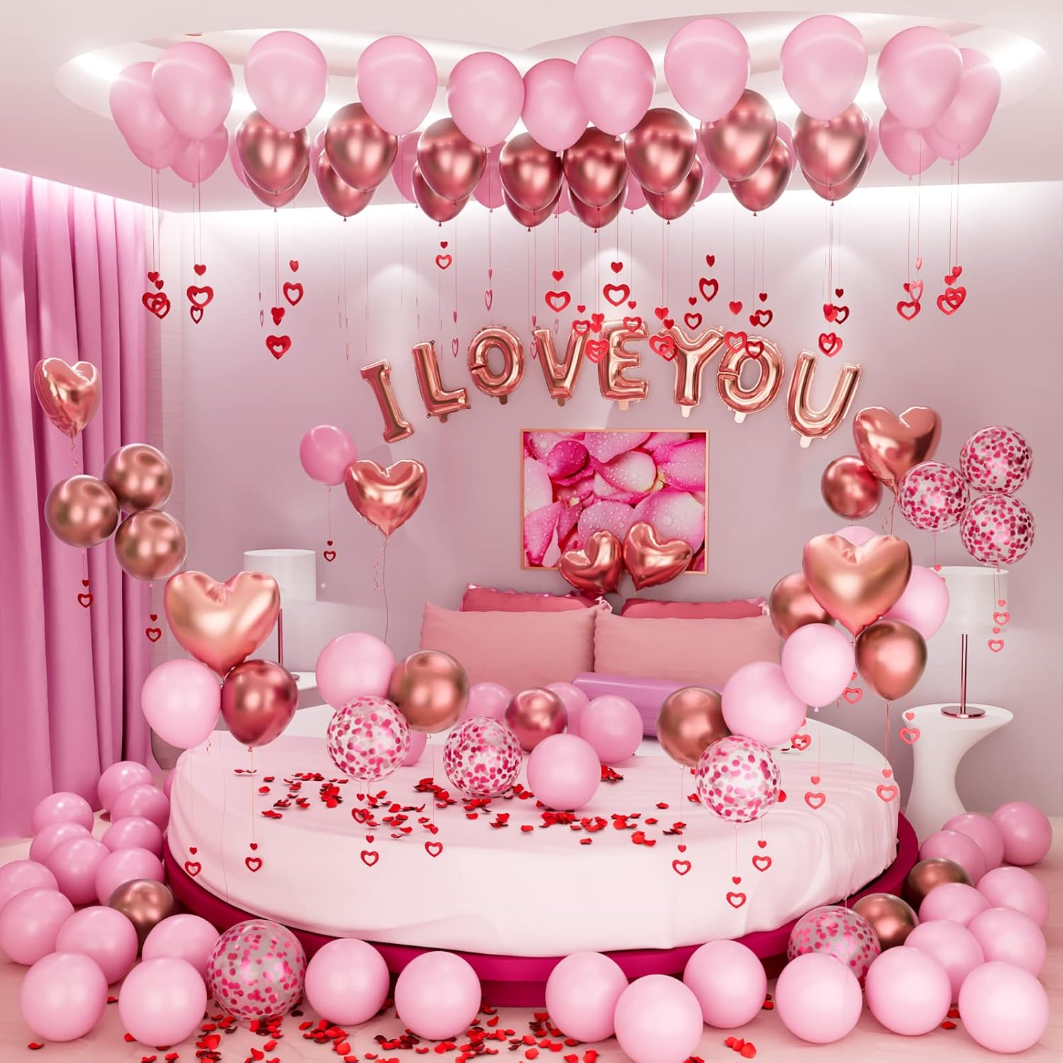 Bonropin Valentines Day Balloons Kit Rose Gold Pink Heart Balloons with Rose Petals I Love You Balloons for Anniversary Mothers Day Wedding Romantic Decorations Special Night image number 4