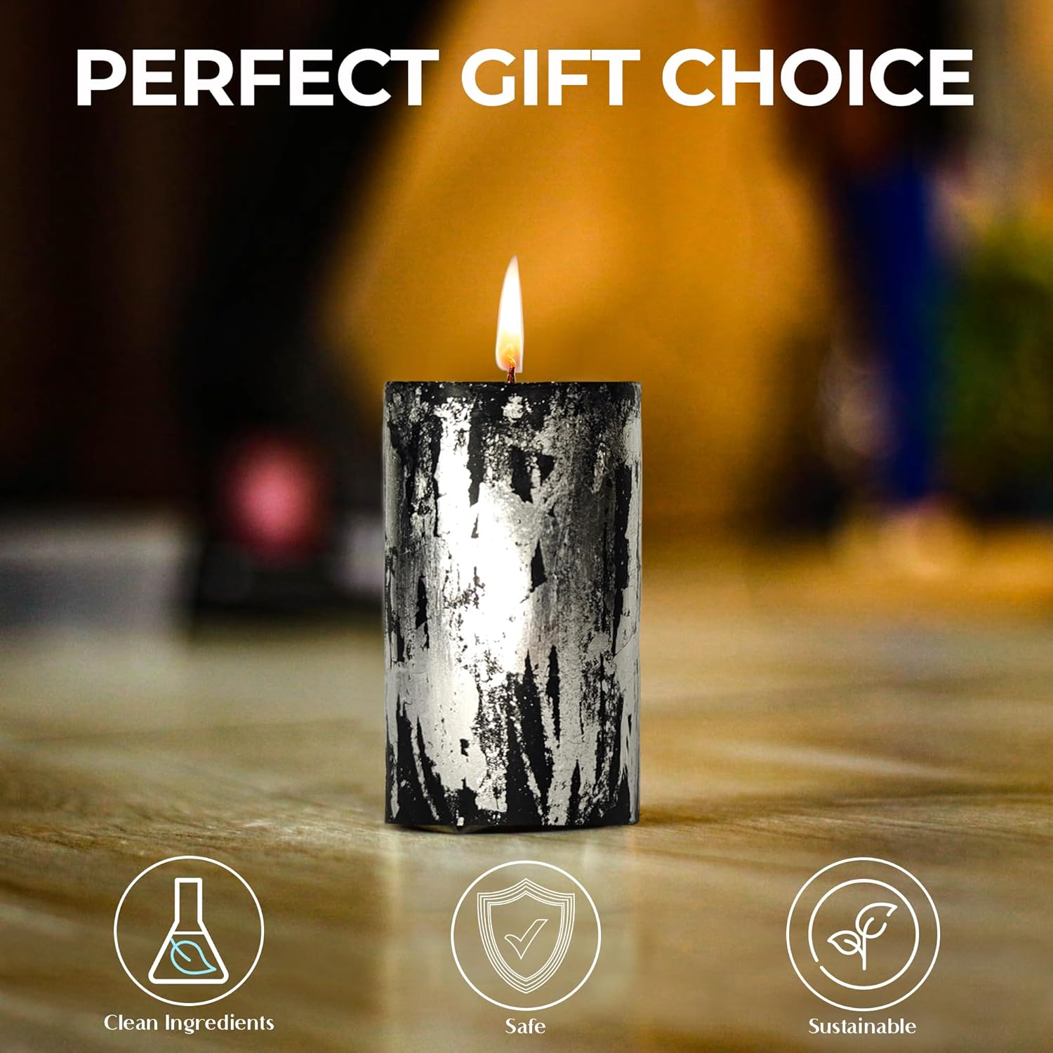 Apexor Black Pillar Candle with Silver Foil Berry Blossom Scented Candle, Smokeless Decorative Candle for Wedding, Birthday Gift, Home & Dinner D&eacute;cor