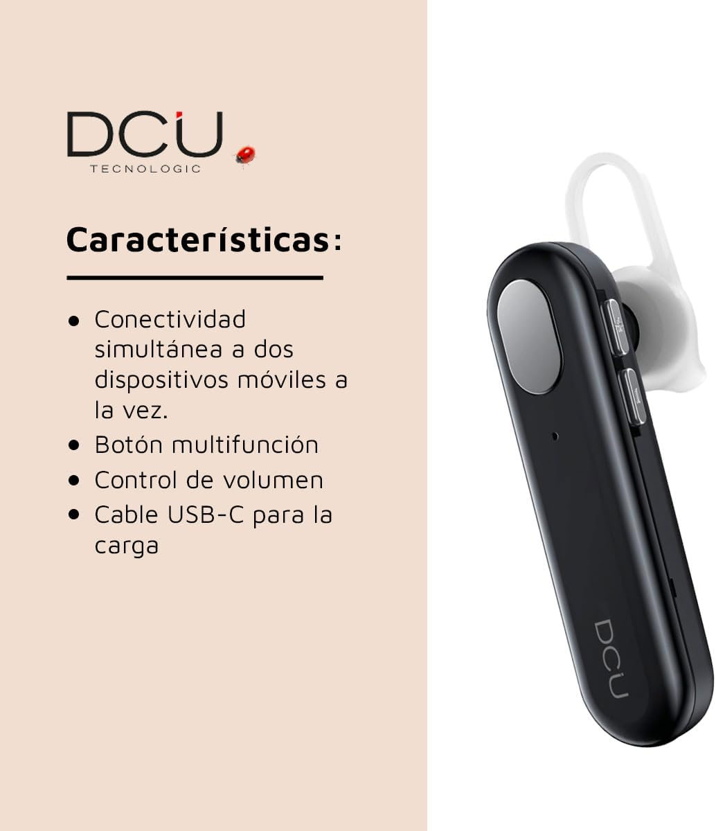 DCU TECNOLOGIC Wireless Headphones - Mono Bluetooth 5.3 Lightweight Headset - Make and Receive Calls - Dual Point Connectivity