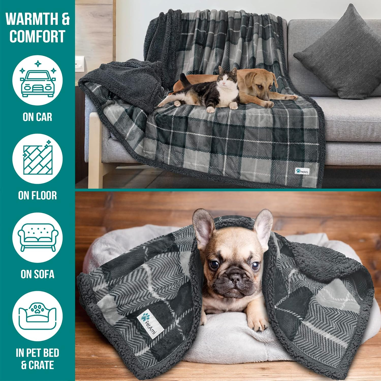 Petami Premium Pet Blanket for Dog, Puppy | Plush Pet Fleece Plaid Throw for Medium & Large Dogs | Super Soft, Reversible, Warm, Sherpa Microfiber Cat Blanket | 60 X 40 Inches image number 6