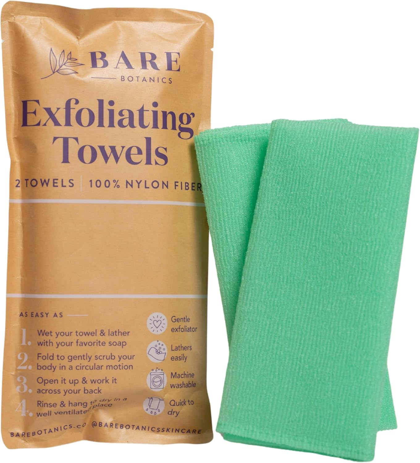 Bare Botanics Exfoliating Towels 2 Pcs (Lavender) &ndash; 100% Nylon Fiber &ndash; Textured Bath Towels &ndash; Shower Scrubber for Smooth Skin &ndash; Suitable for Wet or Dry Use