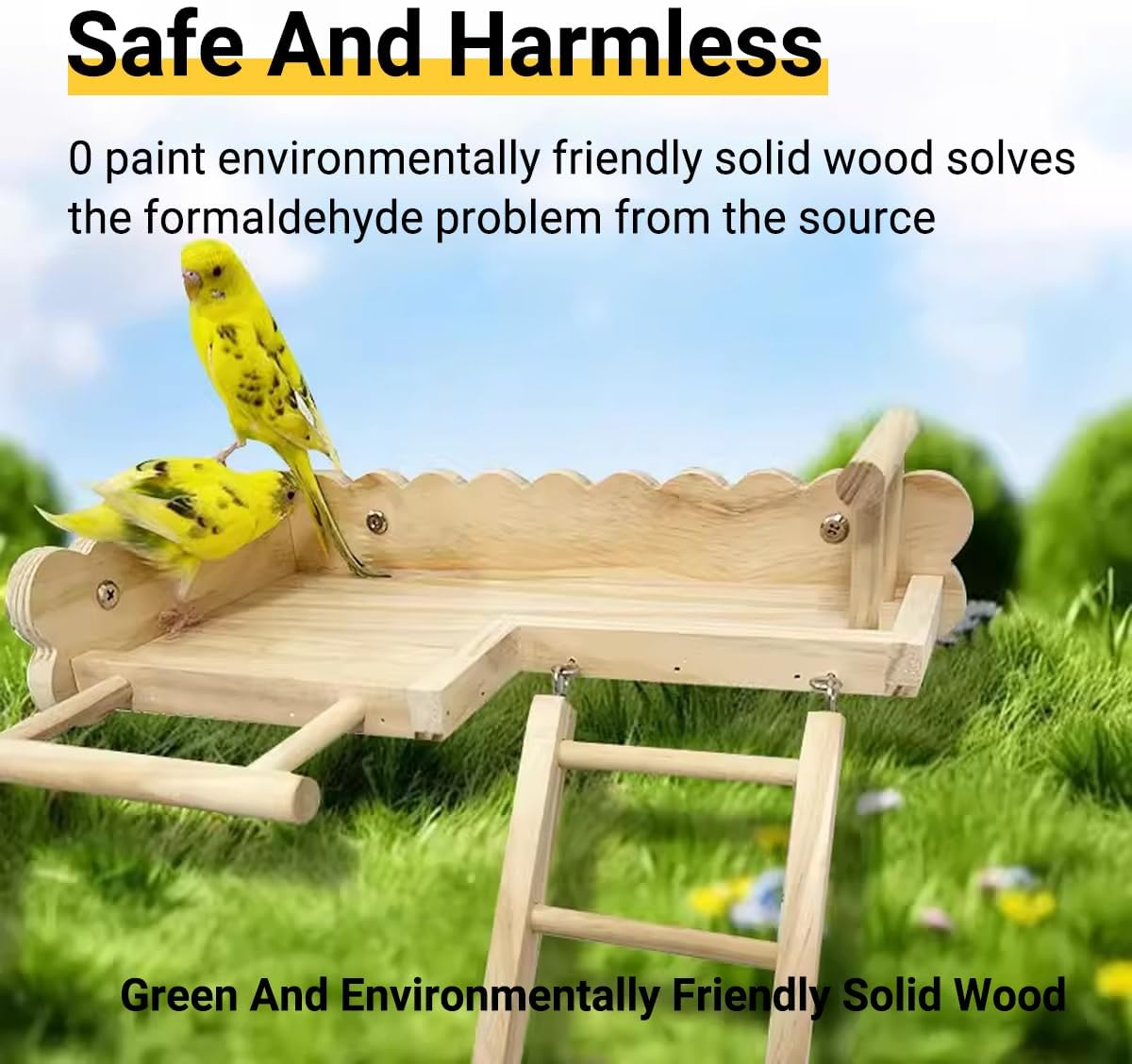 AIMALL Solid Wood Parrot Platform with Climbing Ladder 12.6X7.08X2.63In Perch Toy for Birds Budgies Cockatiels Habitat Stand Cage Accessories Natural Pine Colour image number 6