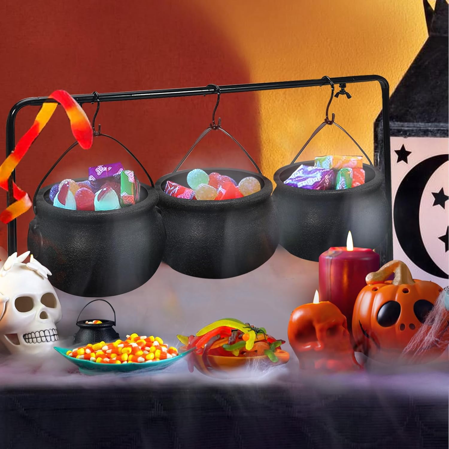 Oriental Cherry Halloween Decor - Halloween Party Decorations - Set of 3 Witches Cauldron Serving Bowls on Rack - Black Plastic Cauldron for Indoor Outdoor Home Kitchen Decoration image number 2