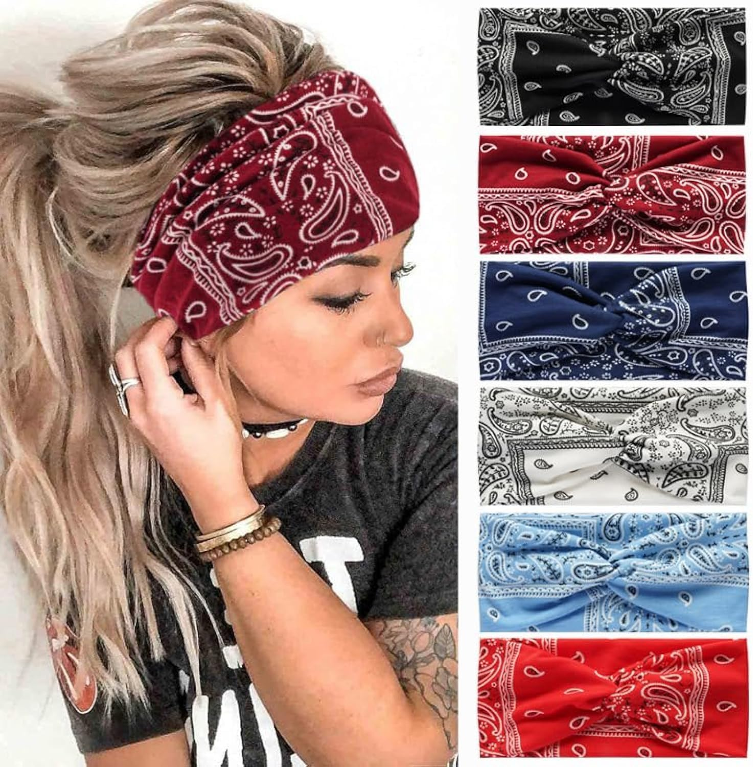 6Pcs Women'S Hairband Bandana Accessories for Adults - Boho Elastic Turban Wide Non-Slip Scarf Headbands for Short Hair (Tiedye)