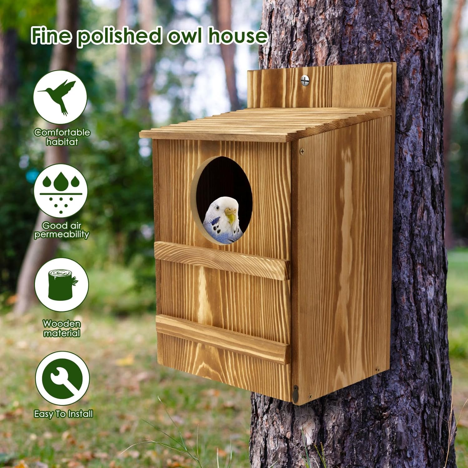 Owl House, Circular Opening Wood Birds Box, Large Size Bird Box, Easy to Install Wood Bird Box, Owl Box House with Mounting Screws for Birds image number 5