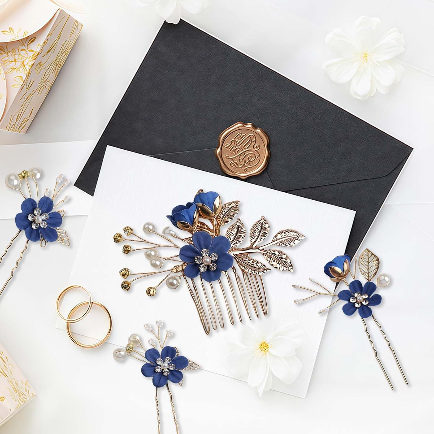 LUMOOM Set of 4 Bridal Hair Accessories, Elegant Flower Hair Comb and Hair Pins Set, Bridal and Bridesmaids Hair Clip Wedding, for Communion, Prom and Party (Royal Blue) image number 4