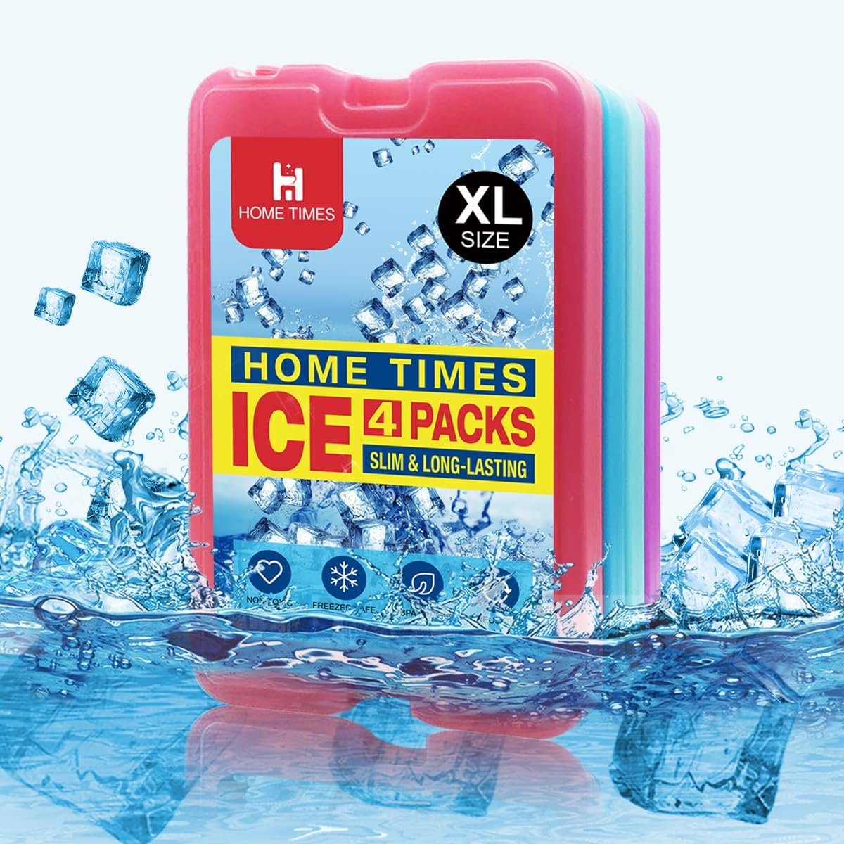 Home Times 4 Pack Slim Thin Reusable Ice Packs for Lunch Boxes, Coolers & Camping - Quick Freeze, Long Lasting Space Saving Freezer Packs, Multifunction Cooler Ice Brick（Built-In Gel） image number 1
