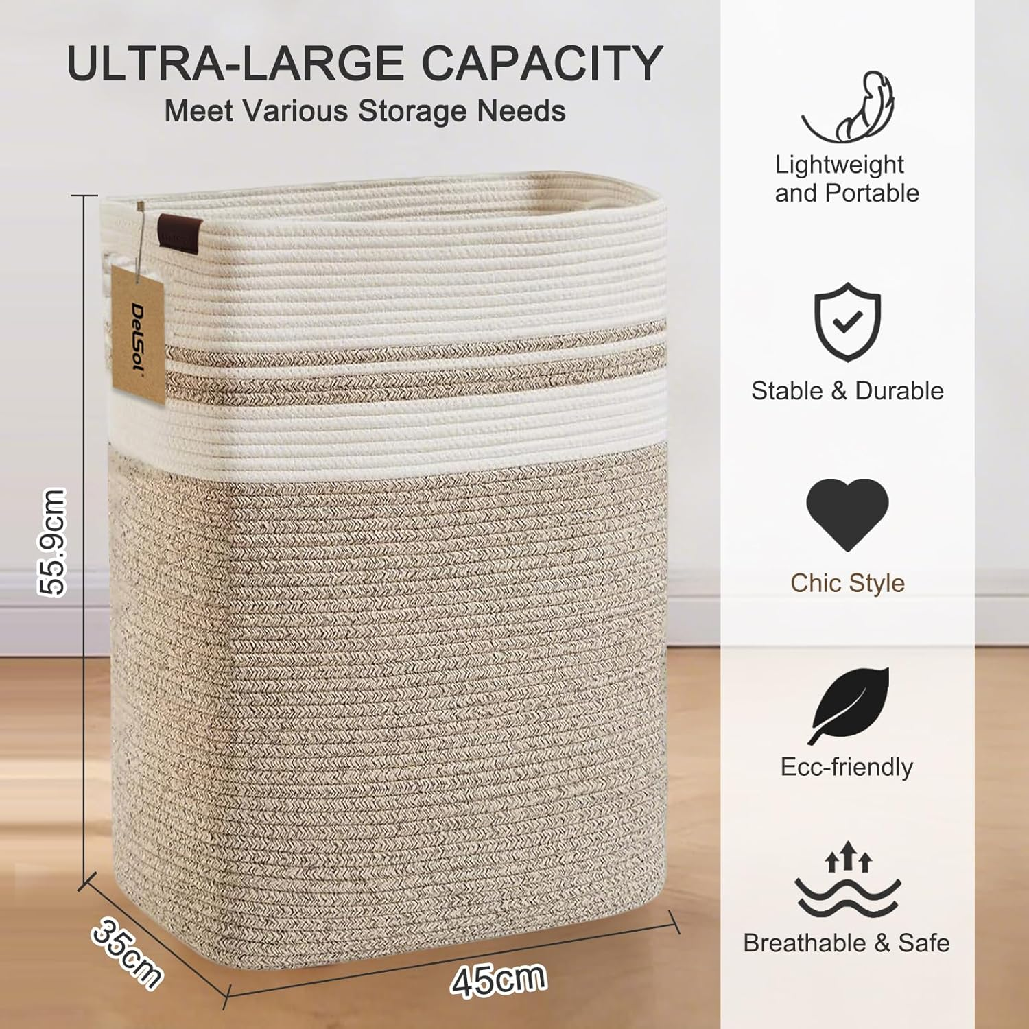 Delsol Large Laundry Basket 41X33X56Cm Tall Blanket Sorage Basket with Handles, Wicker Cotton Rope Woven Basket for Living Room Laundry Baby Nursery Pillows Clothes Towel Toy Organizer Home Decor image number 5