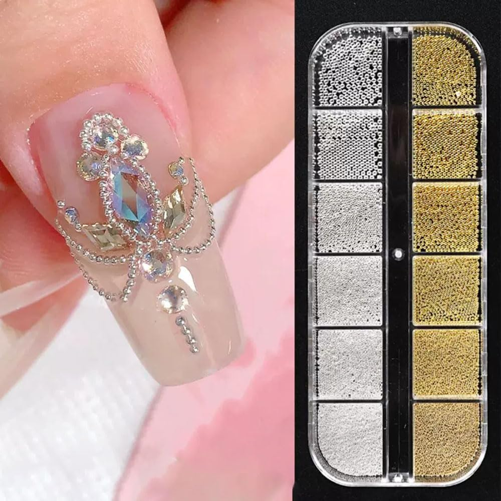 Sinikorya 3D Nail Studs Gold and Silver, Gold Caviar Beads, DIY for Mobile Phone Cases, Wedding Dresses, Cards, Scrapbooks, Birthdays, Christmas Party Decorations