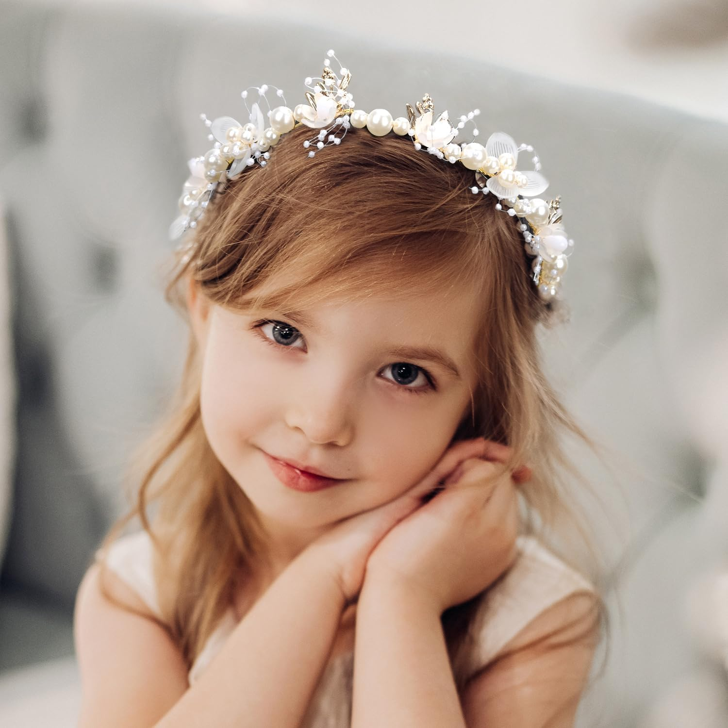 NQEUEPN Flower Girl Hair Accessories, 13.7 X 1.96 Inch Tiara Wedding White Children'S Hair Accessories Adjustable Girl Flower Headband with Pearls Flower Women'S Headband (Gold) image number 4