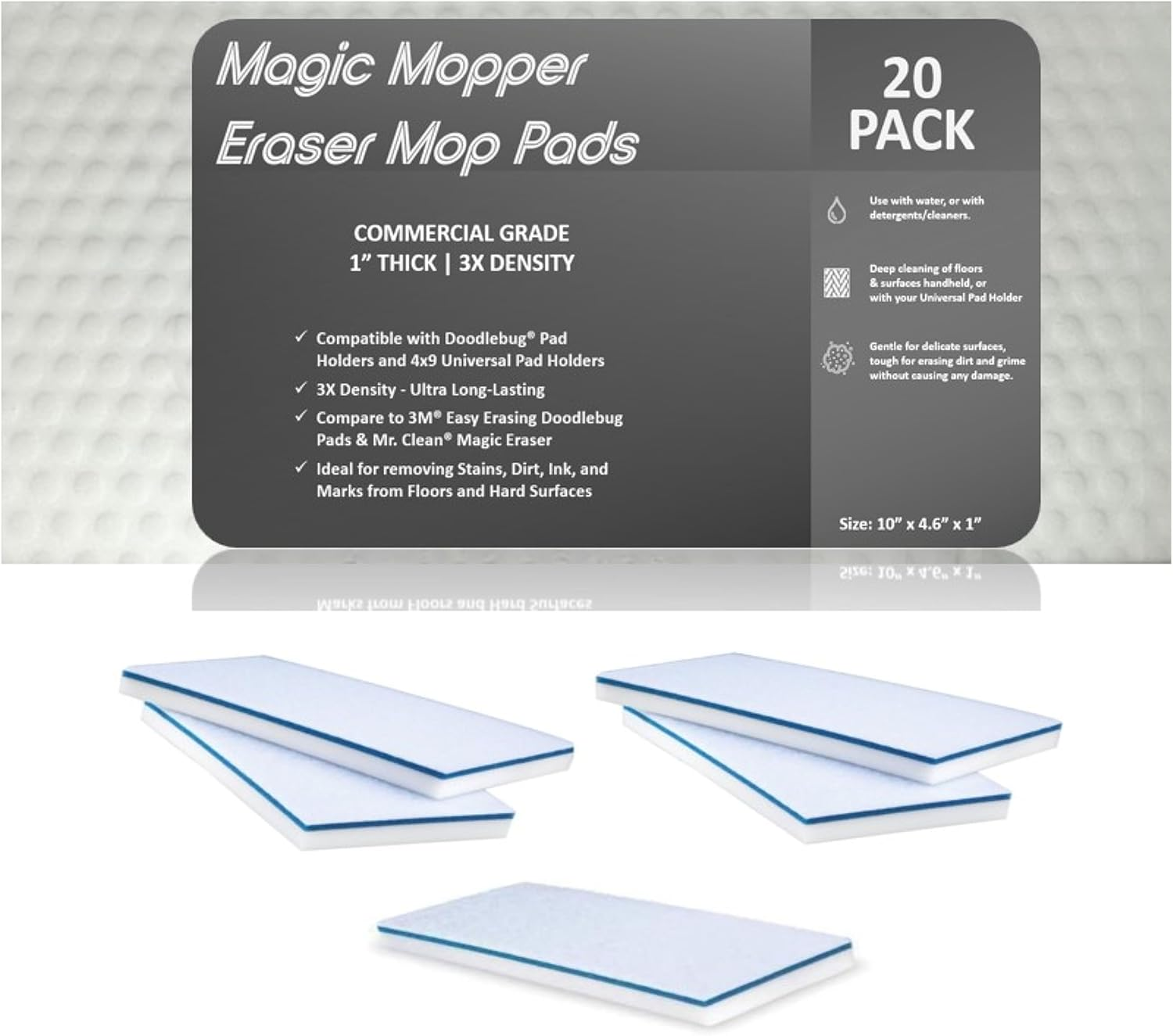 Magic Mopper Eraser 20 Pack 4.5" X 10" X 1" Mop Floor Cleaning Utility Pads Durable Melamine Erasing Sponges Commercial Grade Floor Tile Grout Baseboard Walls, Pack of 20 image number 2