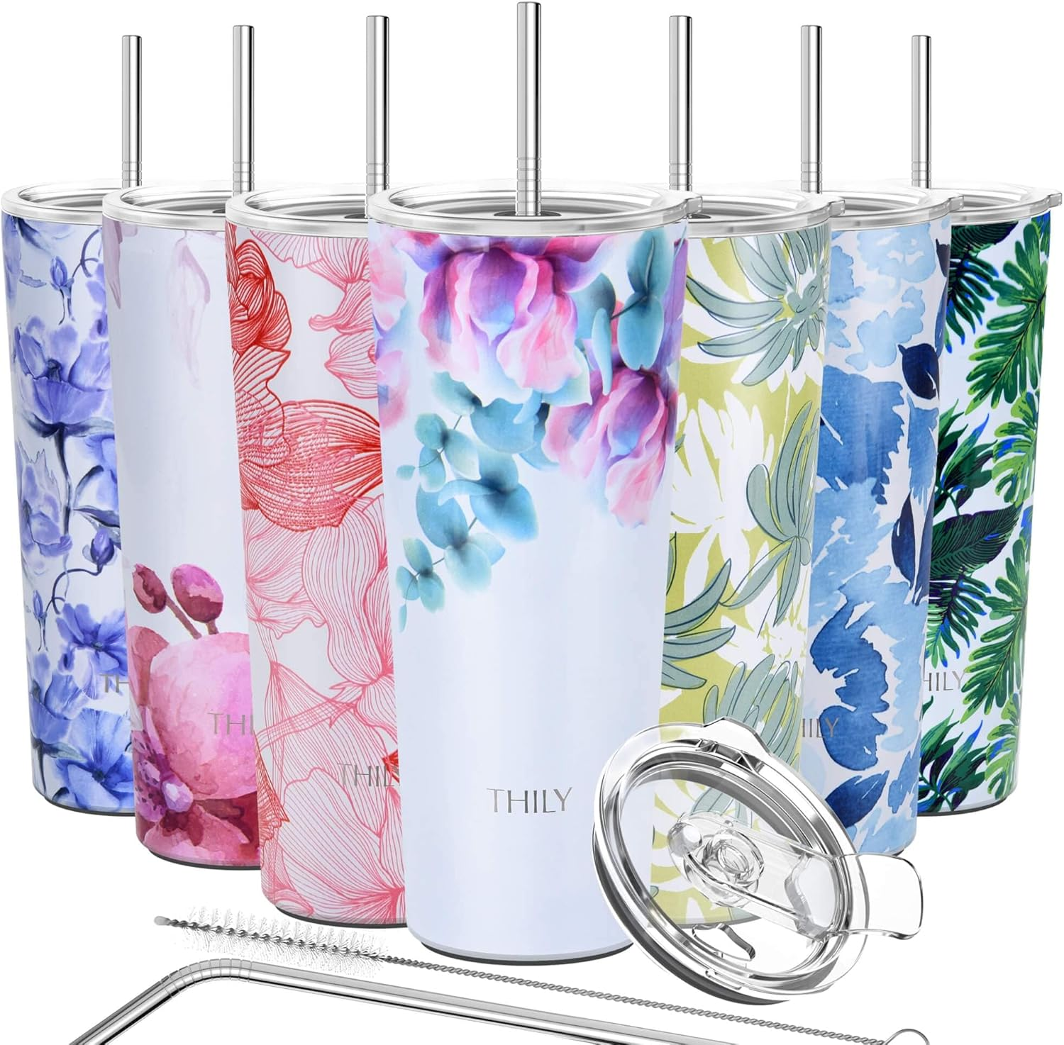 Stainless Steel Vacuum Insulated Tumbler - THILY Travel Mug 26 Oz Coffee Cup with 2 Lids and Straws, Splash Proof, Keep Ice Drinks Cold, Pink Lilies image number 2