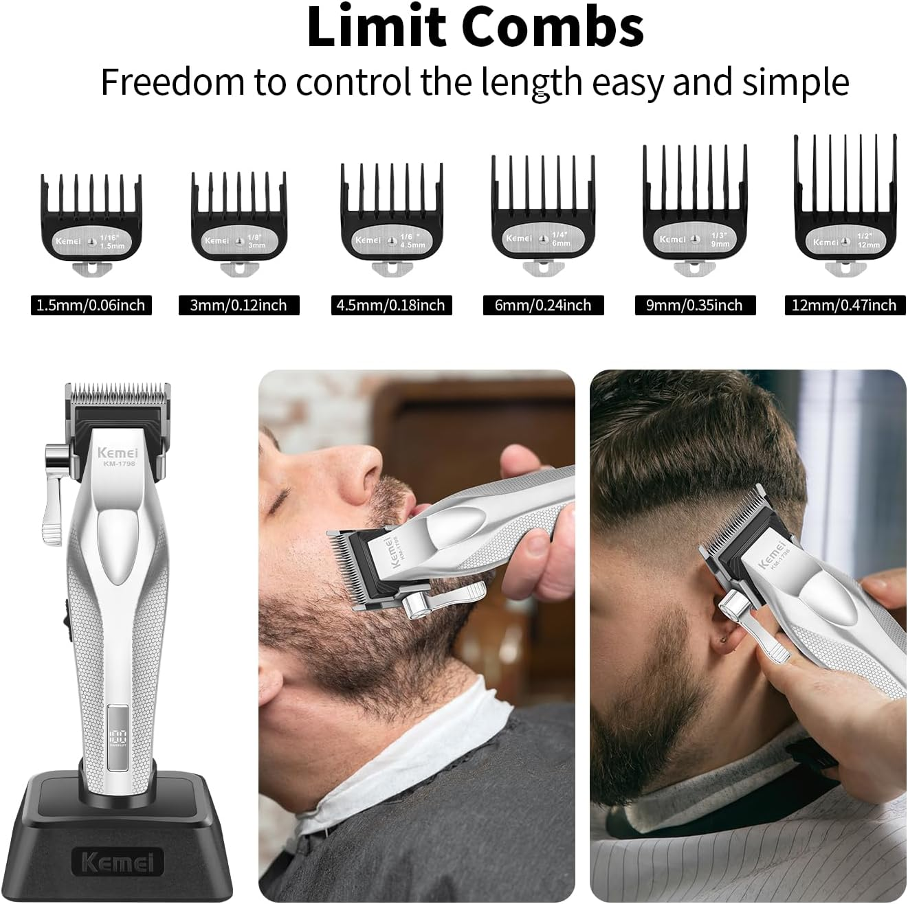 KEMEI KM-1798 Professional Hair Clipper for Men, Cordless Beard Trimmer, Barber Clippers with USB Rechargeable, Edgers, Fade Clipper, Gift for Men