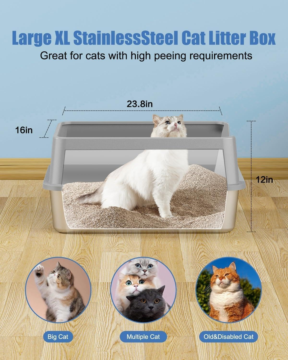 Stainless Steel Cat Litter Box, 60L X 40W X 30H CM for Big Cats with High Wall Sides Enclosure and Scoop, Non-Sticky, Anti-Leakage, Easy Cleaning image number 1