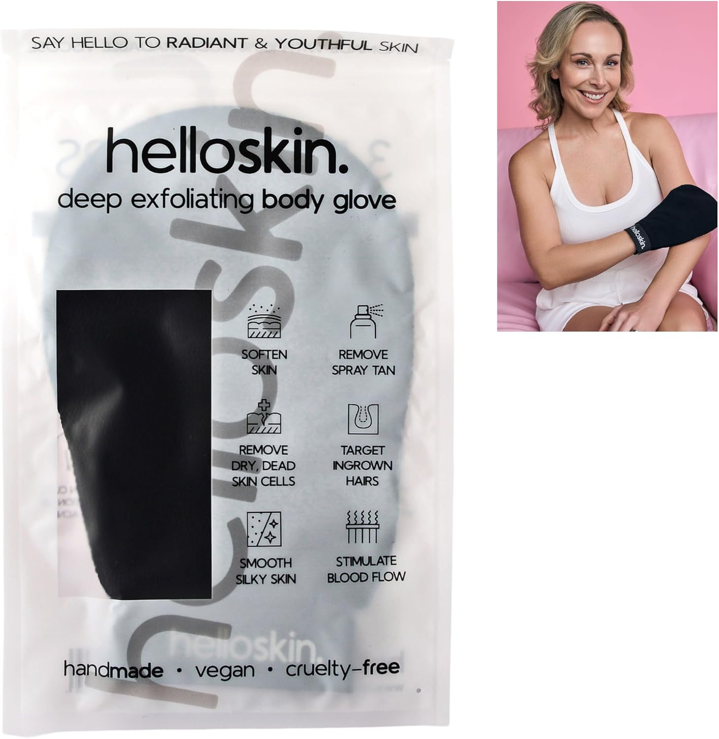 Helloskin Exfoliating Glove | Dead Skin Remover and Body Scrubber for Skin Renewal | Exfoliator Mitt for Smooth Skin | Eco-Friendly Self-Tan Removal Glove for Men & Women - Pink