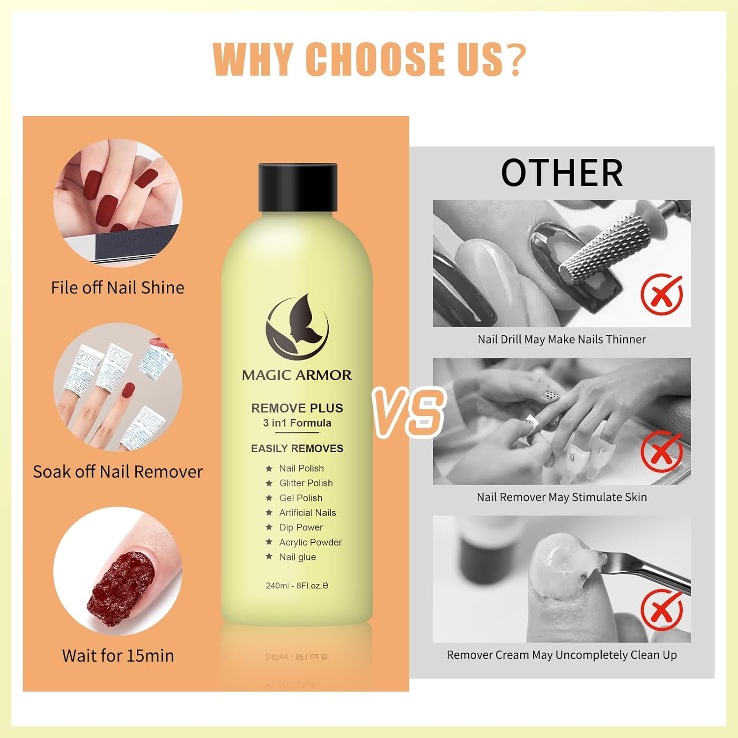 MAGIC ARMOR Nail Polish Remover 240Ml, Acetone-Free Gel Nail Polish Remover, Easy Peel-Off, Nail Glue Remover, Acrylic Dip Powder Nail Remover for Home DIY and Nail Salons image number 6