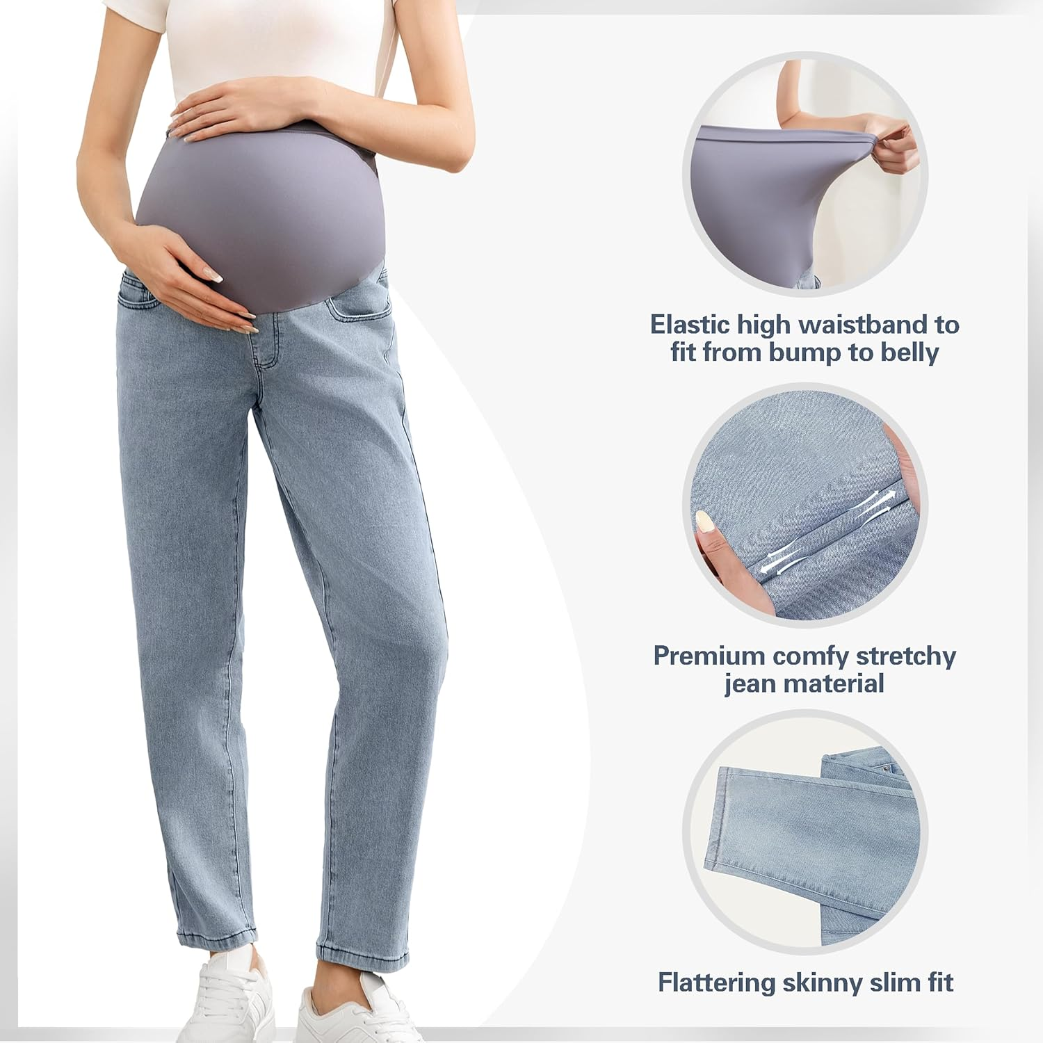 Women'S Maternity Jeans over Belly, Comfy Stretch Boyfriend Jeans, Loose Pregnancy Pants with Pockets image number 2