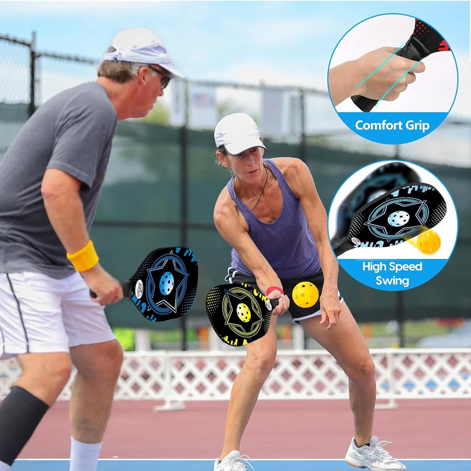 Pickleball Set with 4 Premium Wood Paddles, Cushion Comfort Grip, 4 Cooling Towels, 4 Pickleball Balls & Carry Bag, Gifts for Men Women